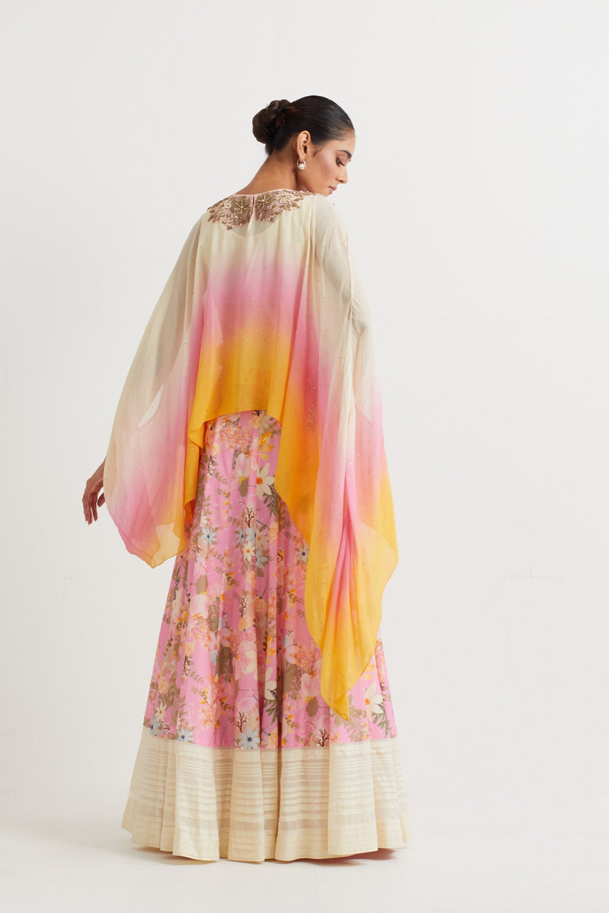 Printed Pink Embroidered Cape Set