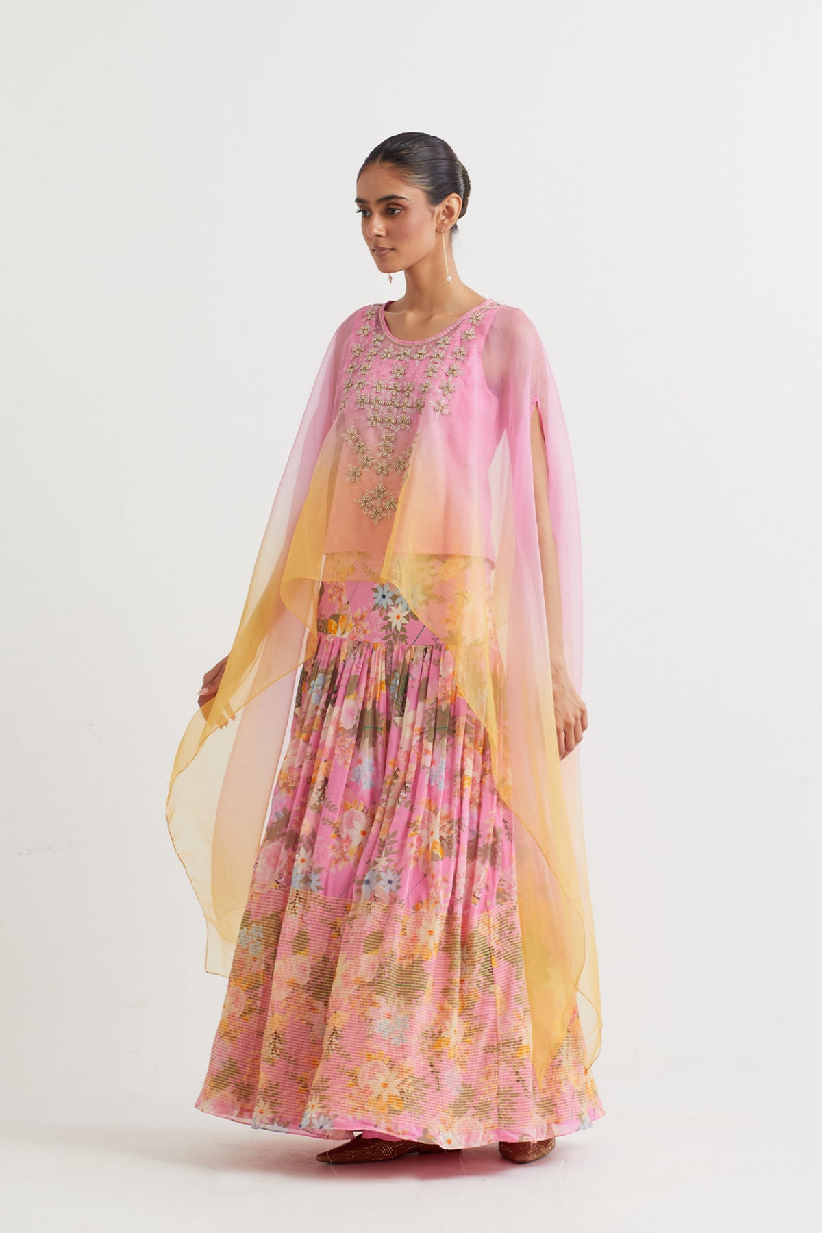 Embroidered Pink Cape Set