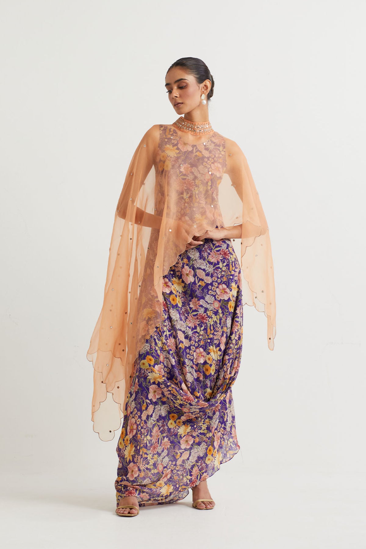 Printed Cowl Dress With Cape
