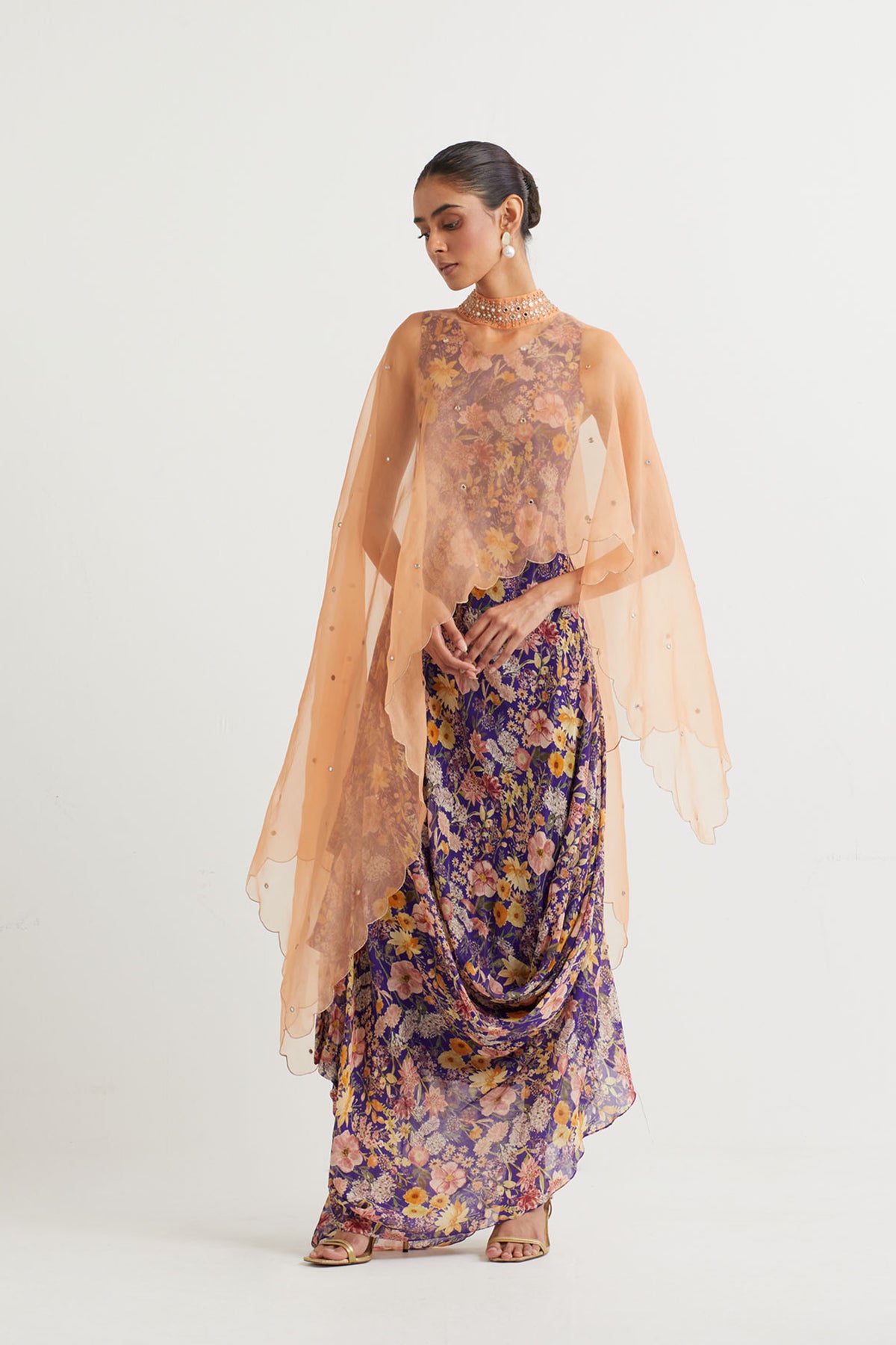 Printed Cowl Dress With Cape