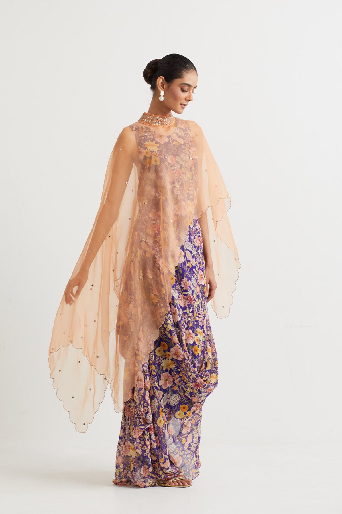Printed Cowl Dress With Cape