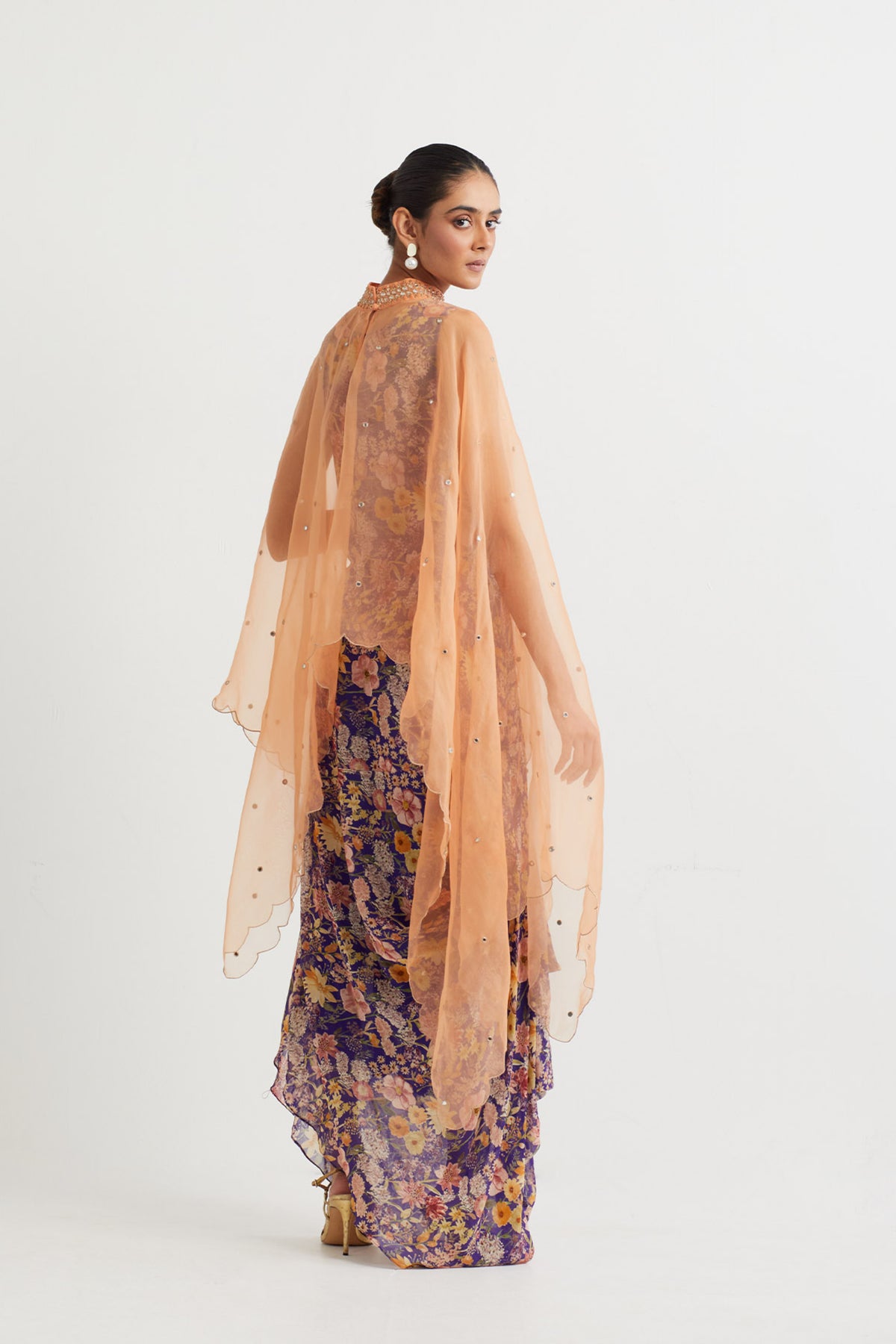 Printed Cowl Dress With Cape