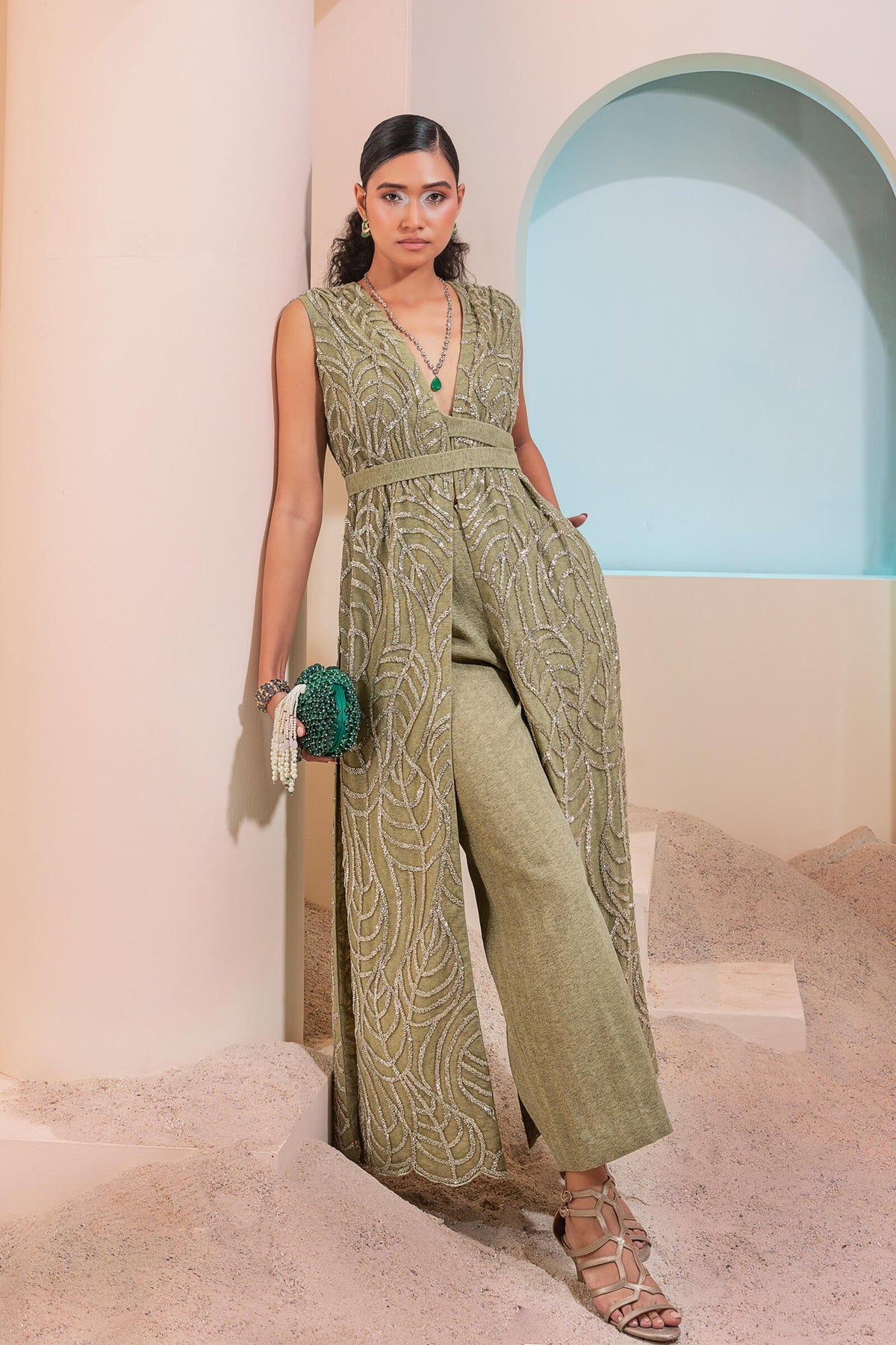 Olive Foliage Jacket Set