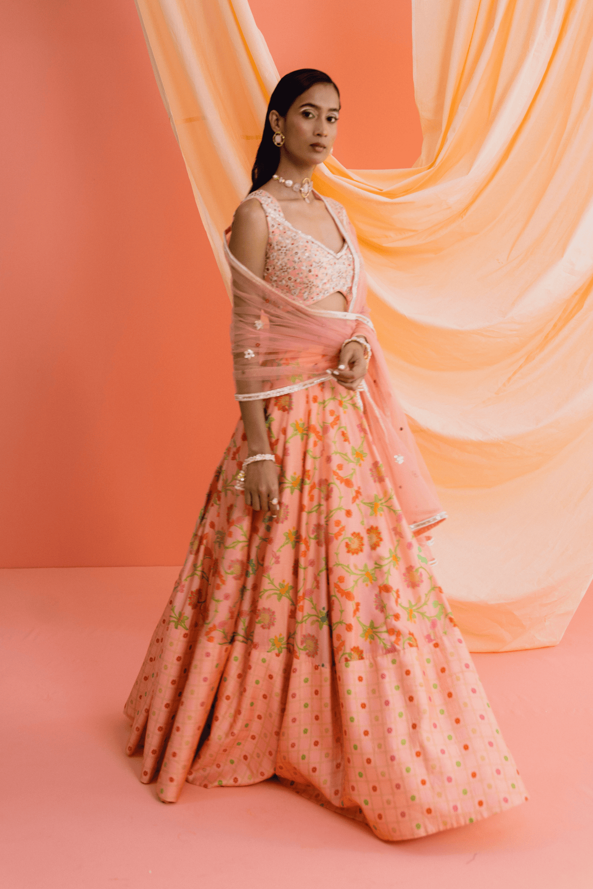 Peach Panelled Lehenga Set
