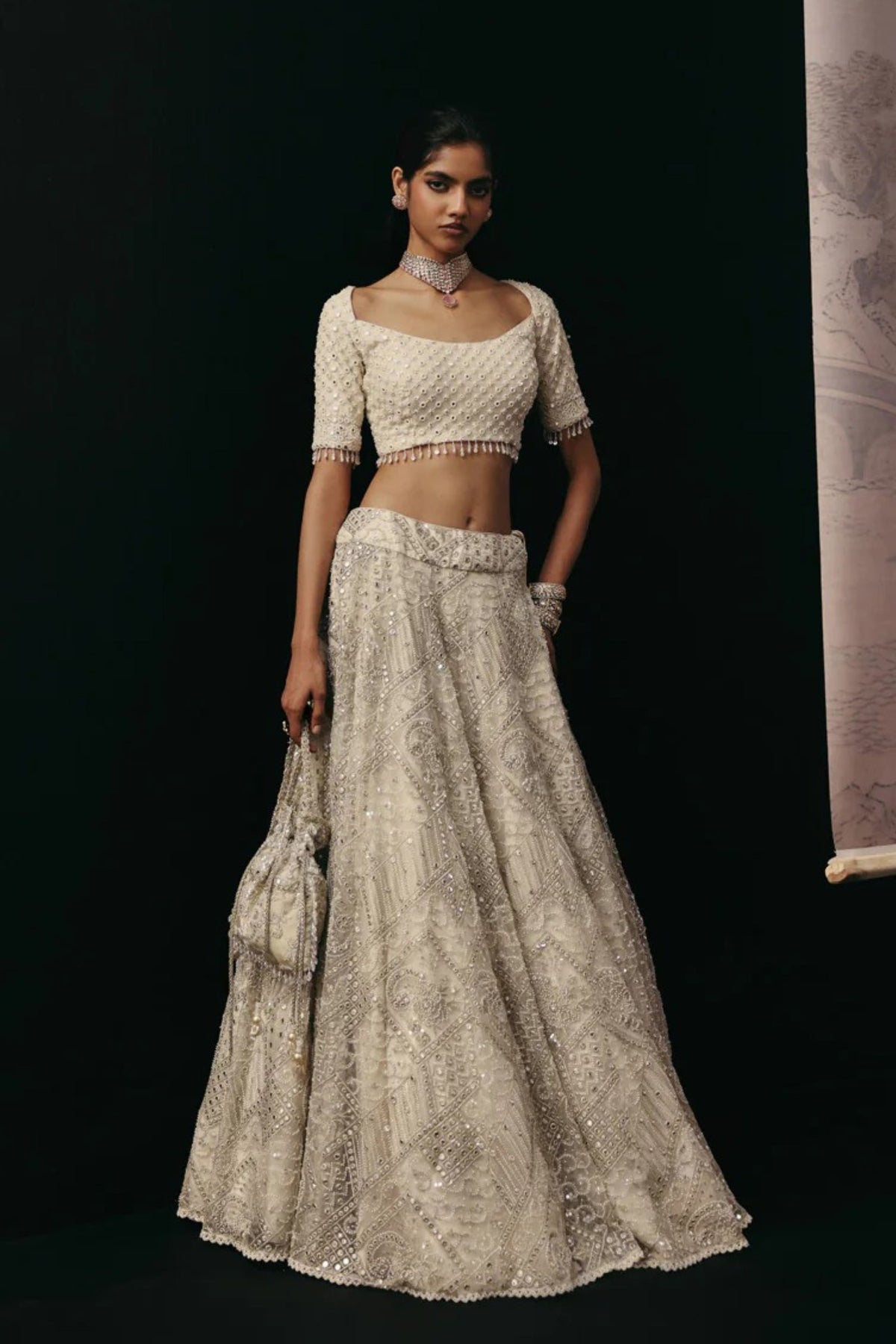 Ivory Mirrorwork Lehenga  Set