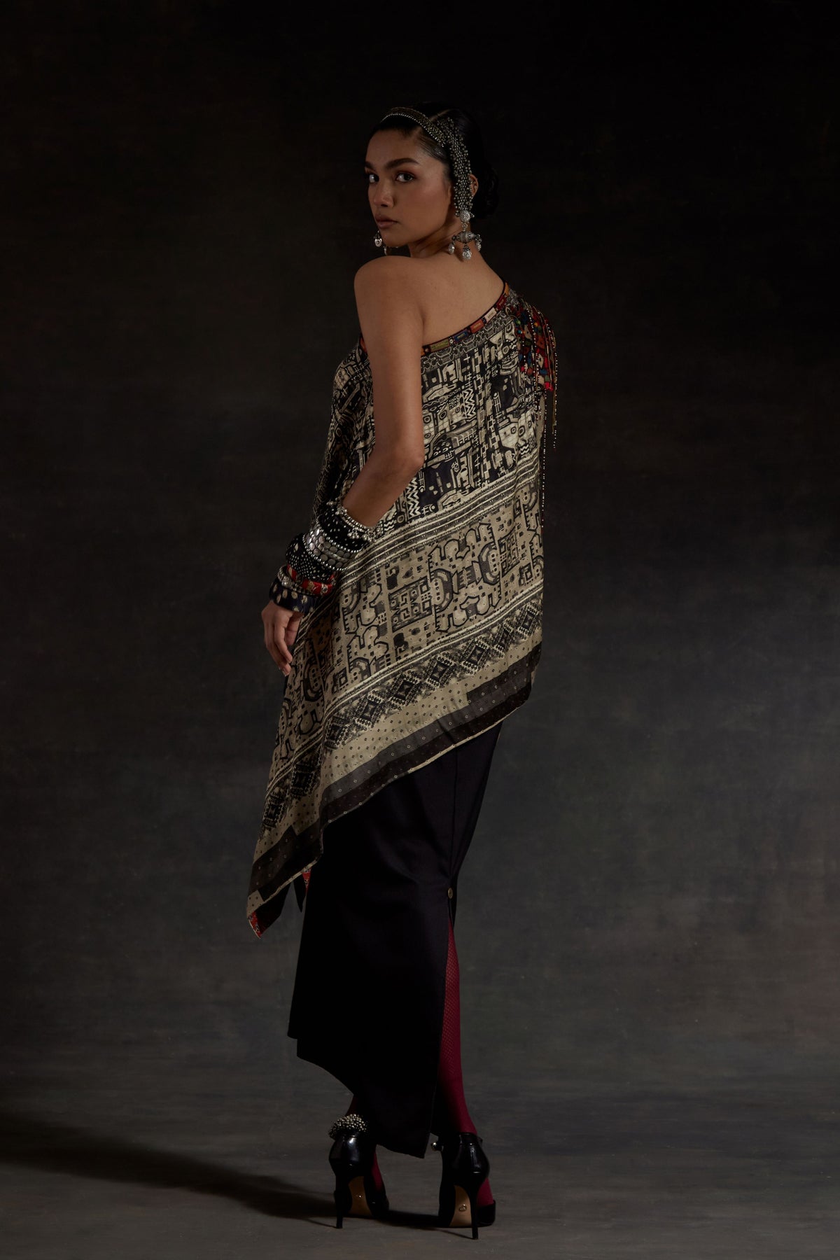 Embroidered Rasa One Shoulder Long Top Set