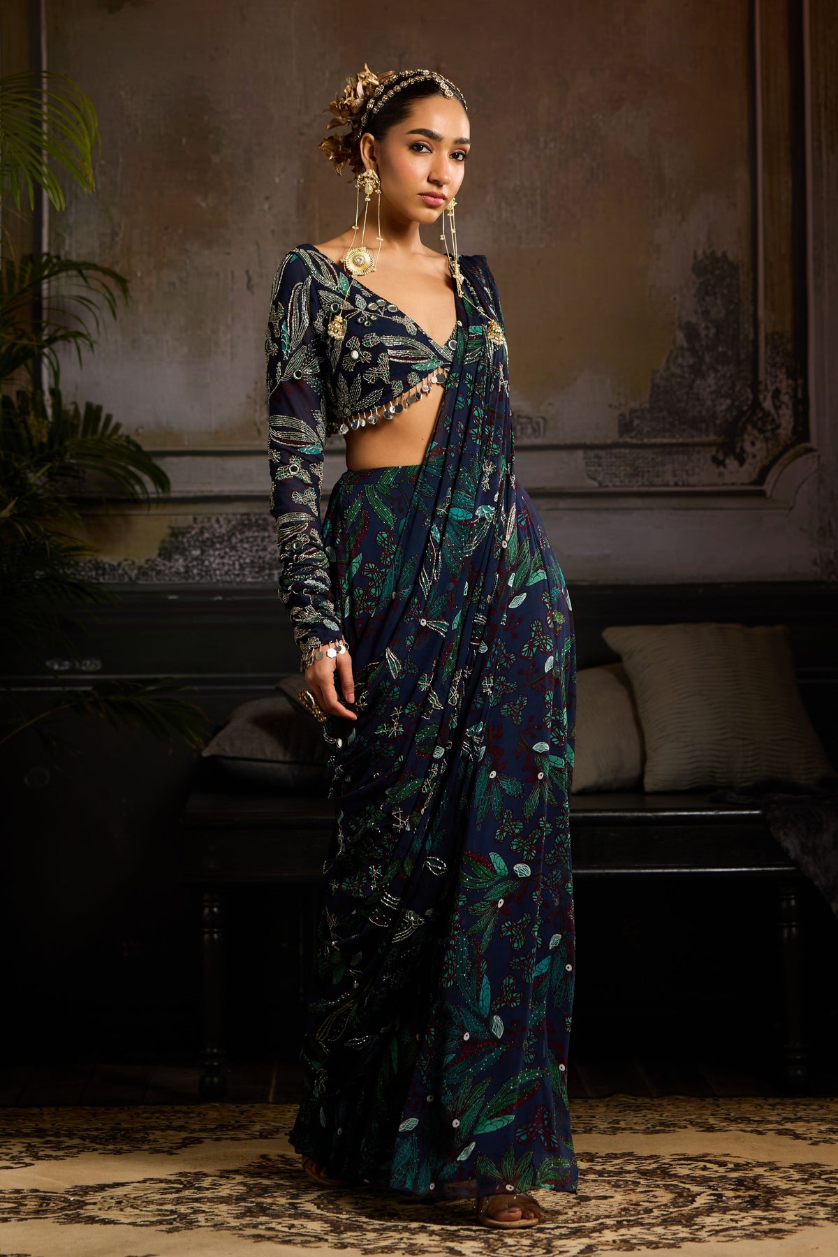 Dark Blue Draped Saree Set