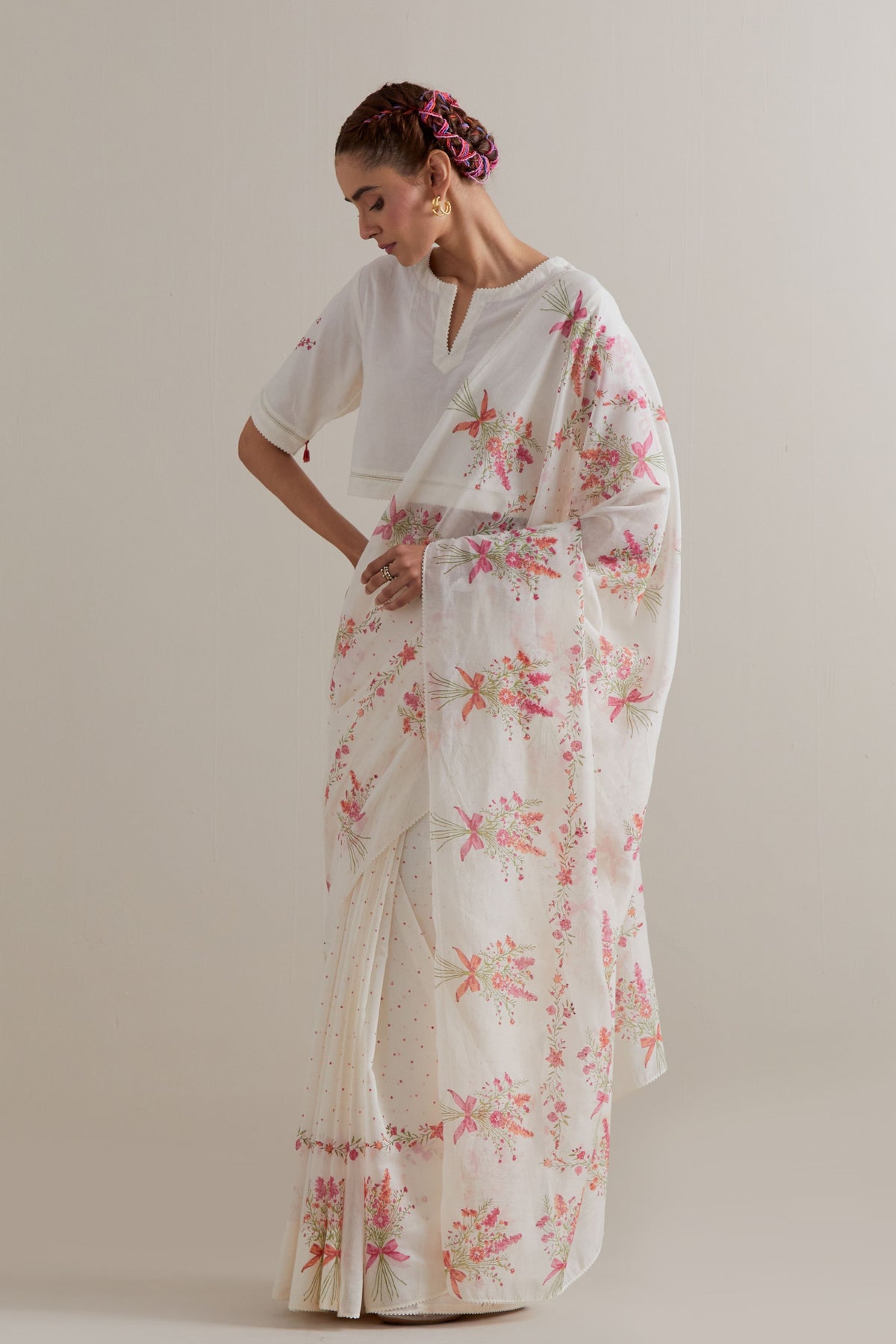 Pink Green Polka Saree Set