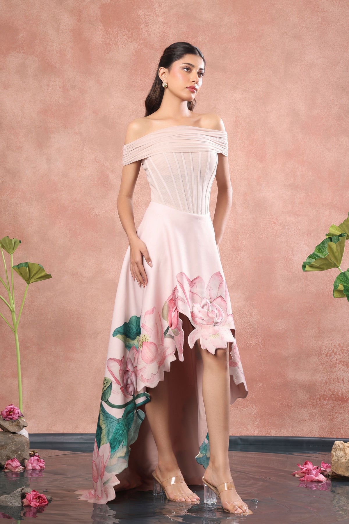 Corset High Low Net Dress Set