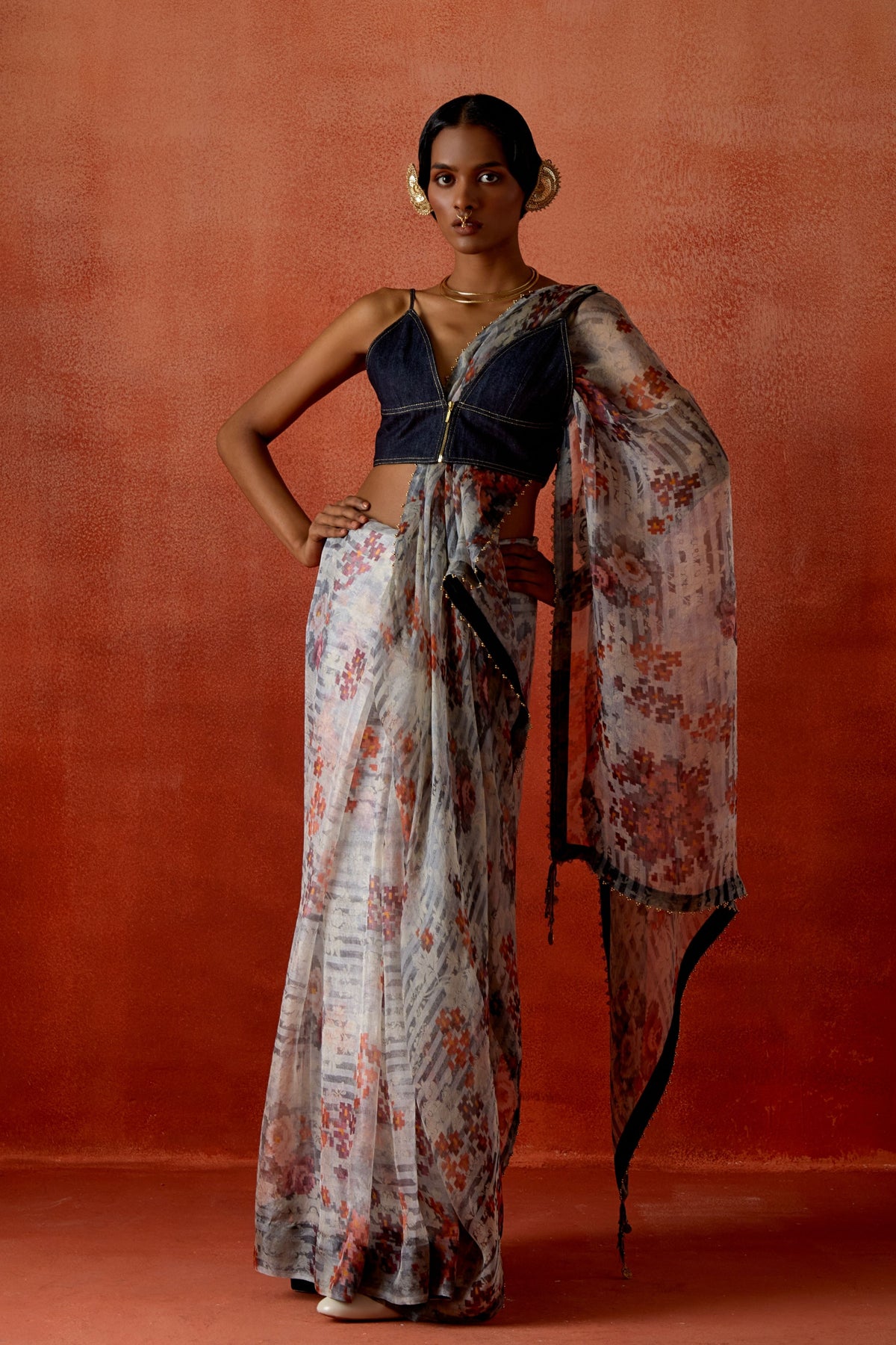 Printed Jacket Sari Set