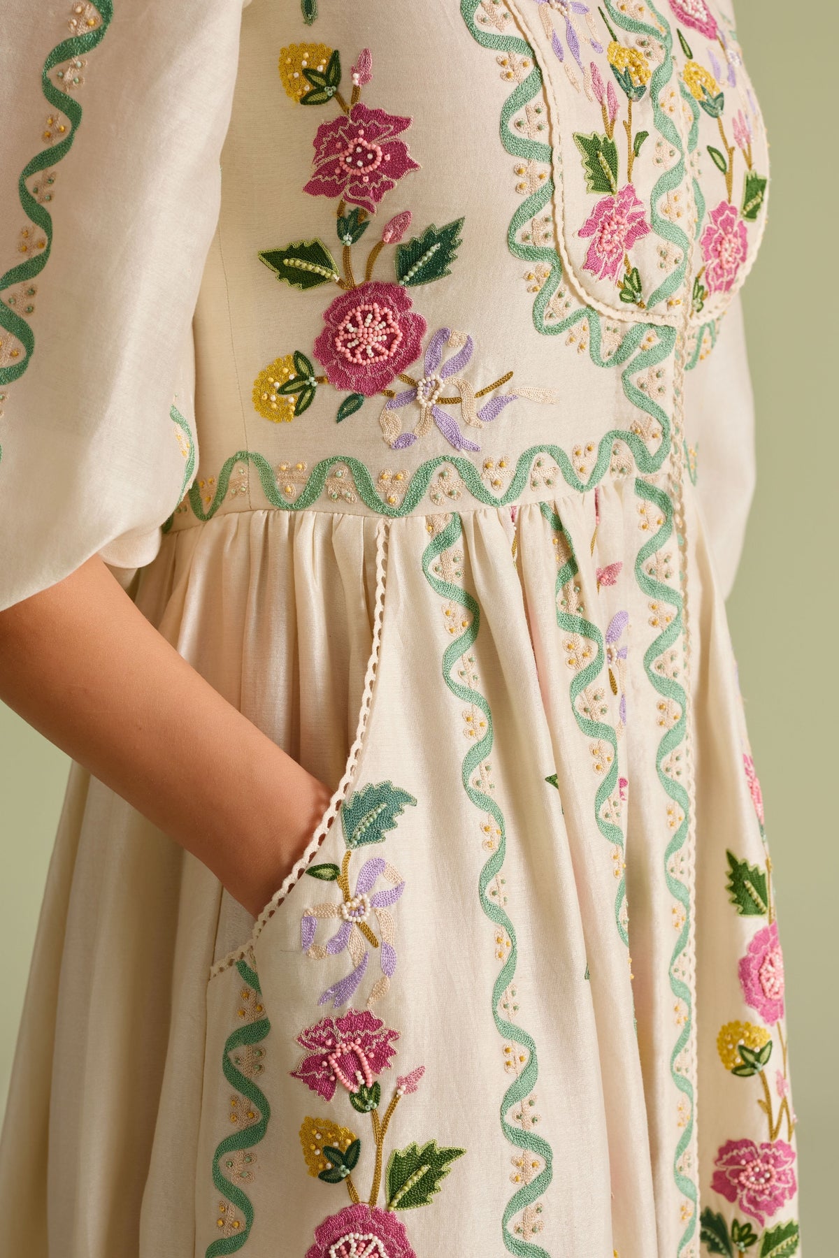 Ivory Floral Vines Midi Dress