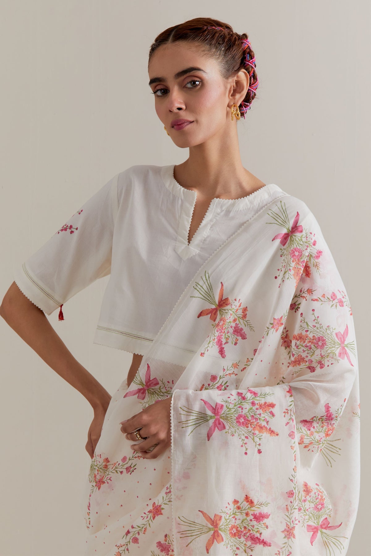 Pink Green Polka Saree Set