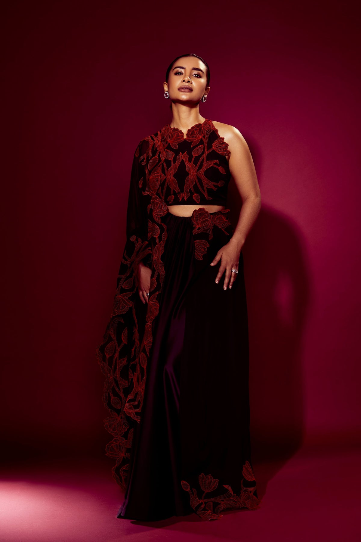 Wild Tulip Pre-Stitched Black Red Saree Set