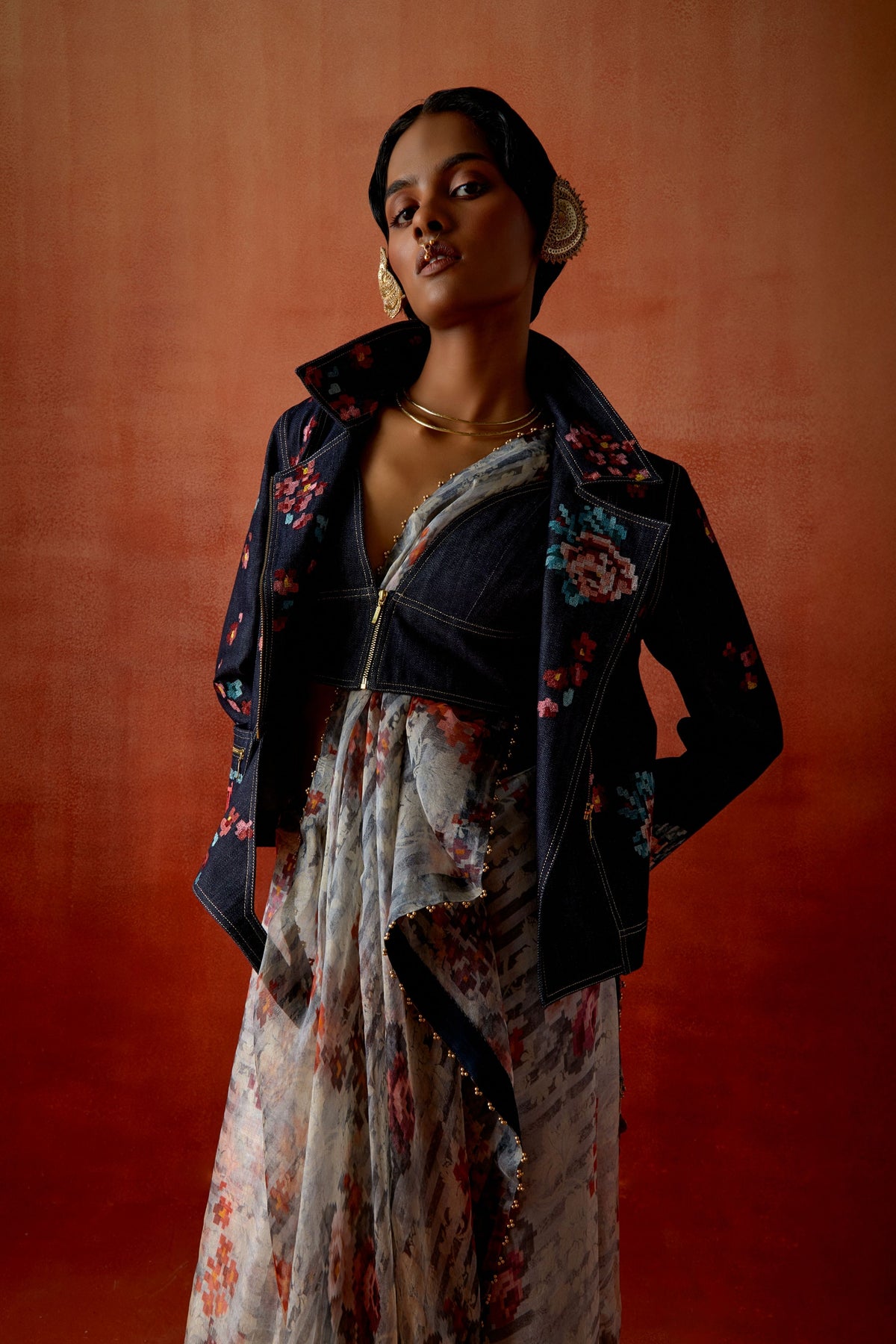 Printed Jacket Sari Set