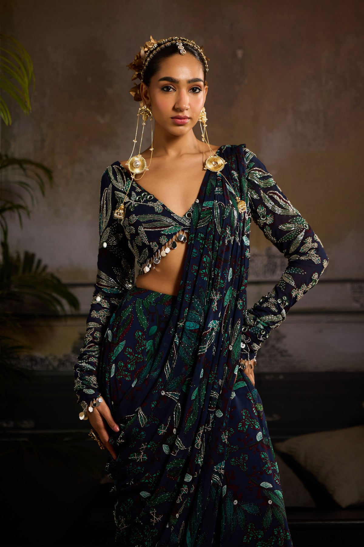 Dark Blue Draped Saree Set
