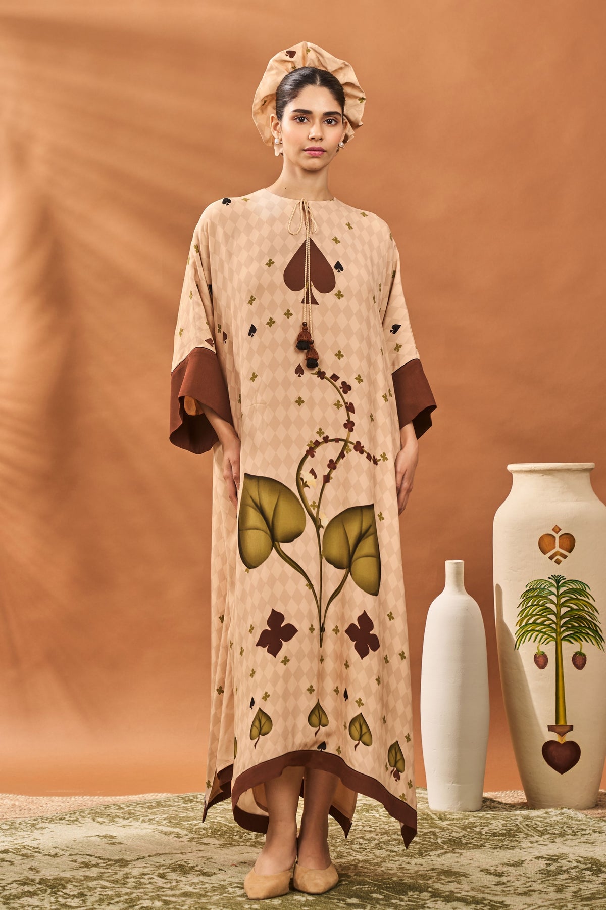 Beige Clover Checks Kaftan