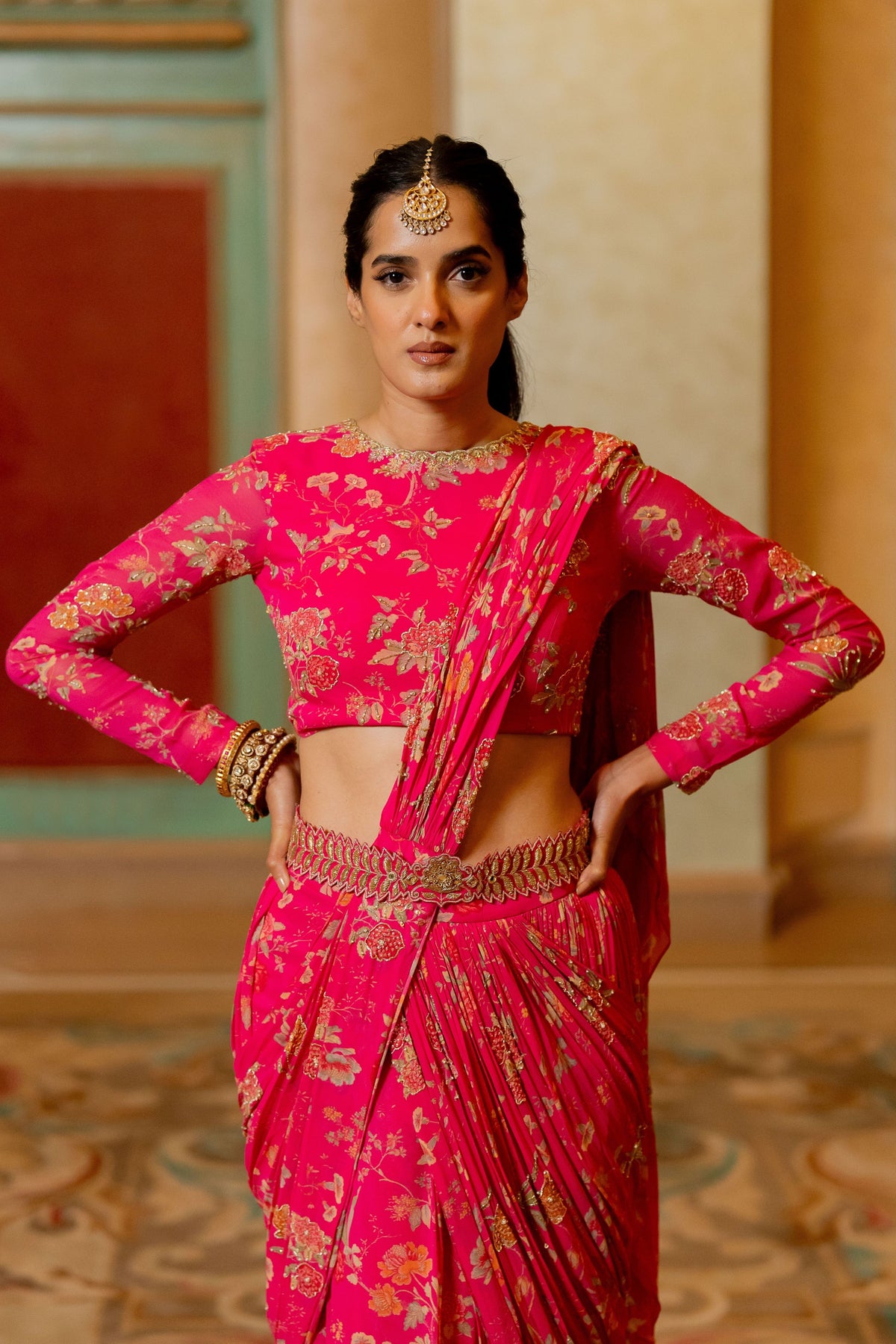 Pink Floral Printed Pre Draped Saree Set