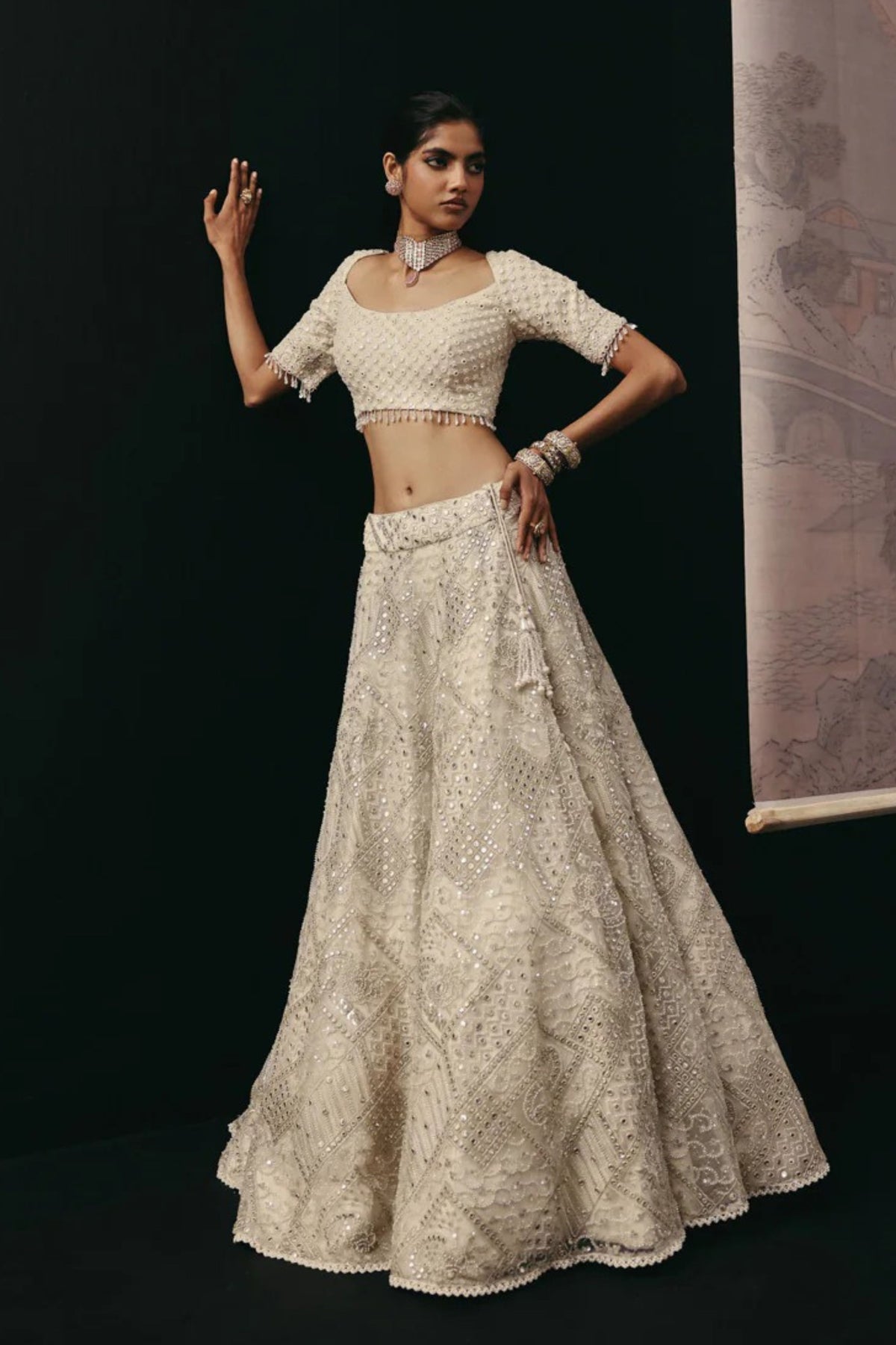 Ivory Mirrorwork Lehenga  Set