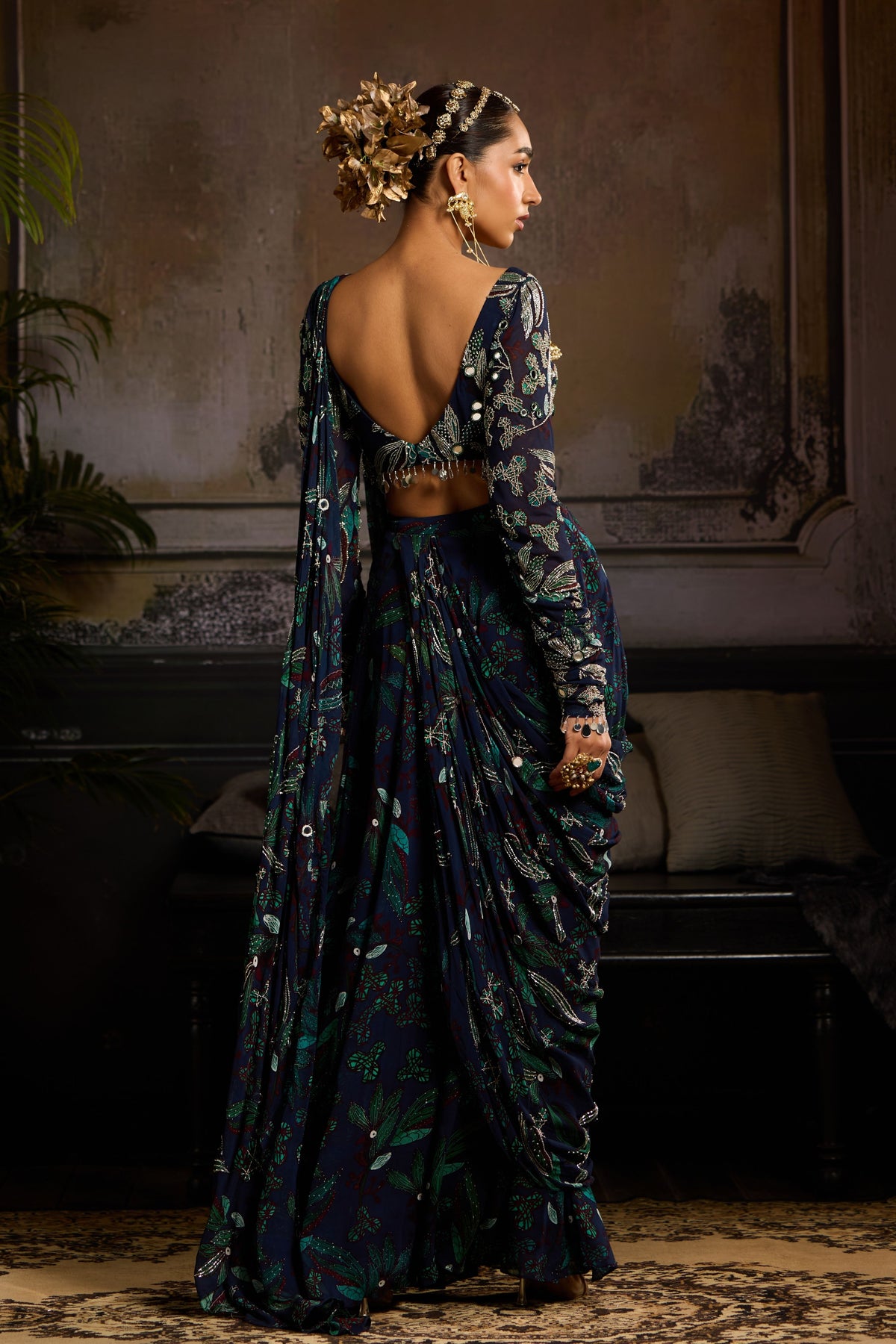 Dark Blue Draped Saree Set