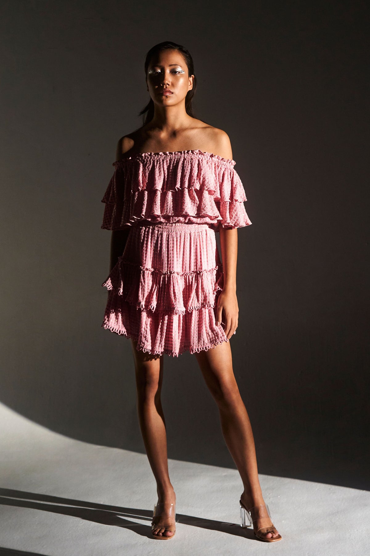 Pink Off-shoulder Sequin Ruffle Dress