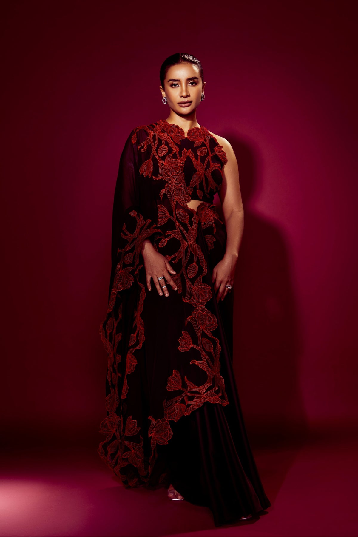 Wild Tulip Pre-Stitched Black Red Saree Set