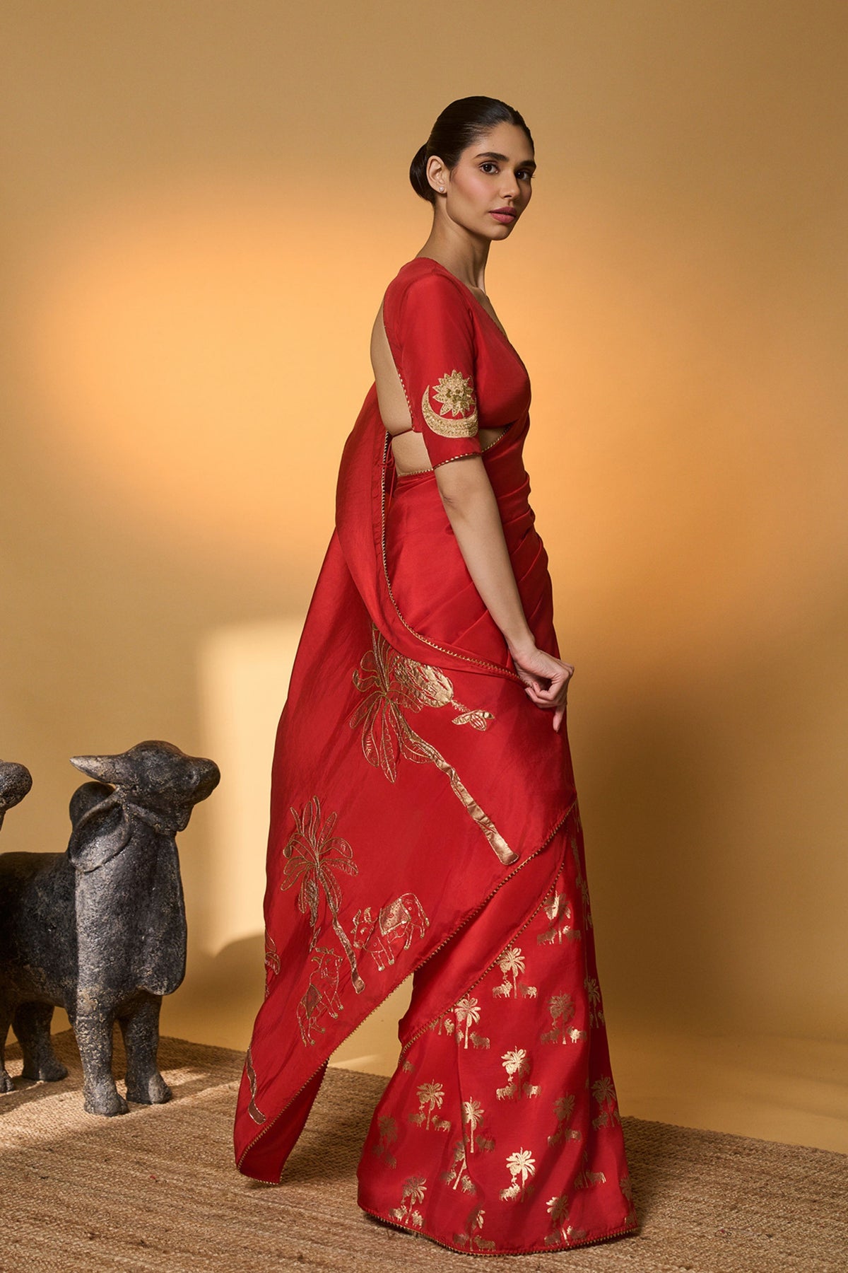 Red Tropical Nandi Saree