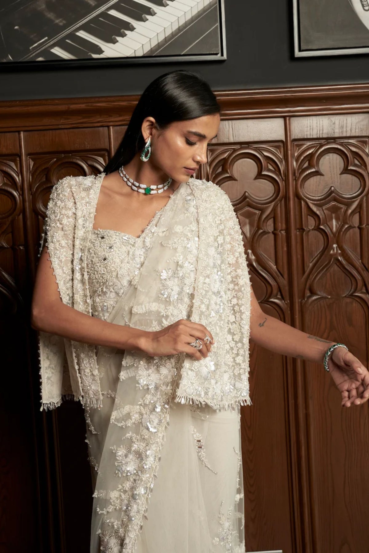 Grey Jacket Saree Set