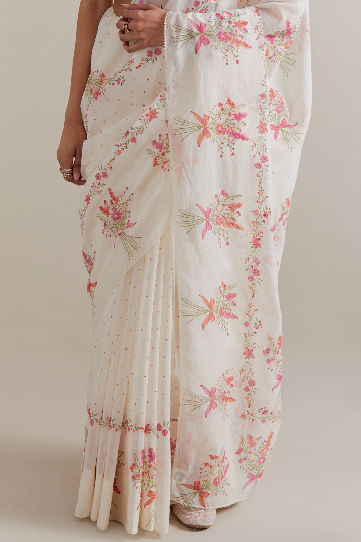 Pink Green Polka Saree Set