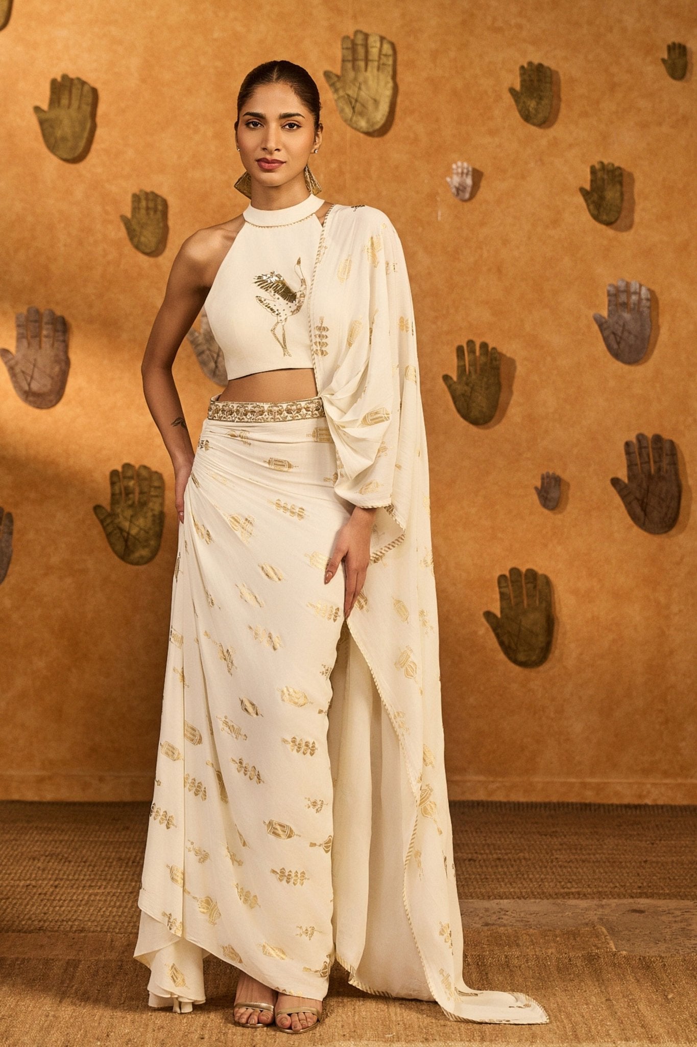 Ivory Soft Draped Saree Set - Masaba - Elahe