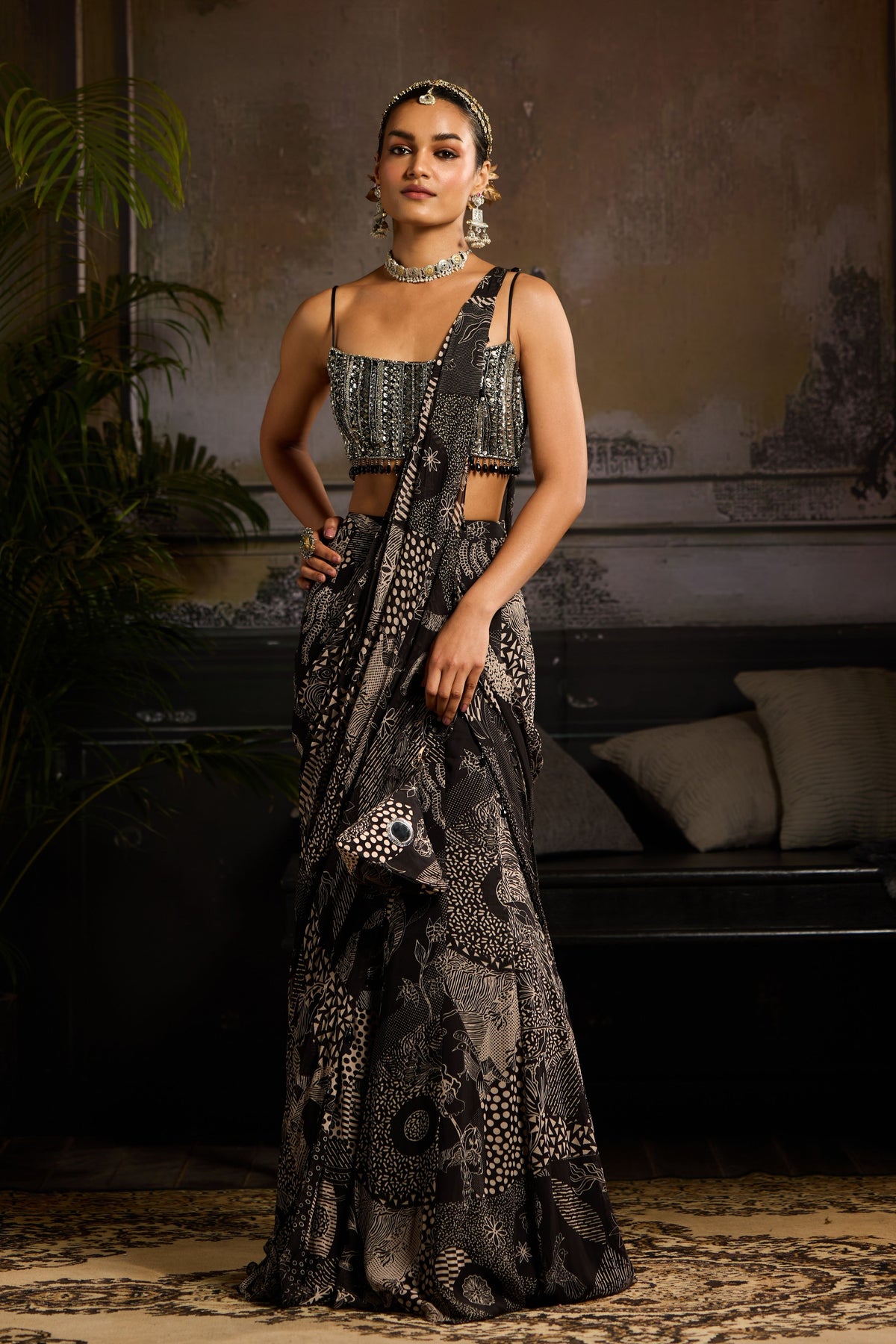 Black Print Mermaid Drape Saree Set