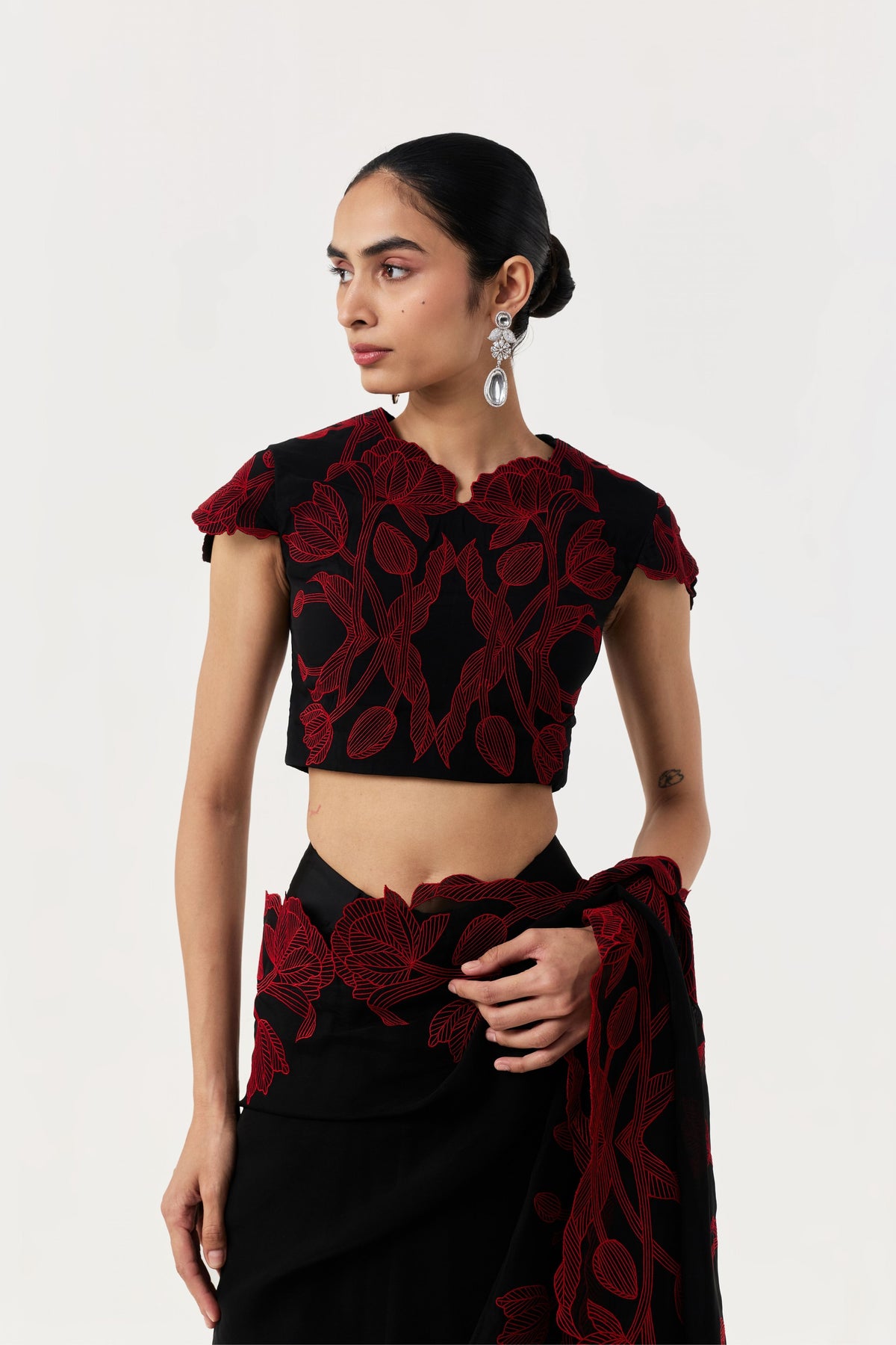 Wild Tulip Pre-Stitched Black Red Saree Set