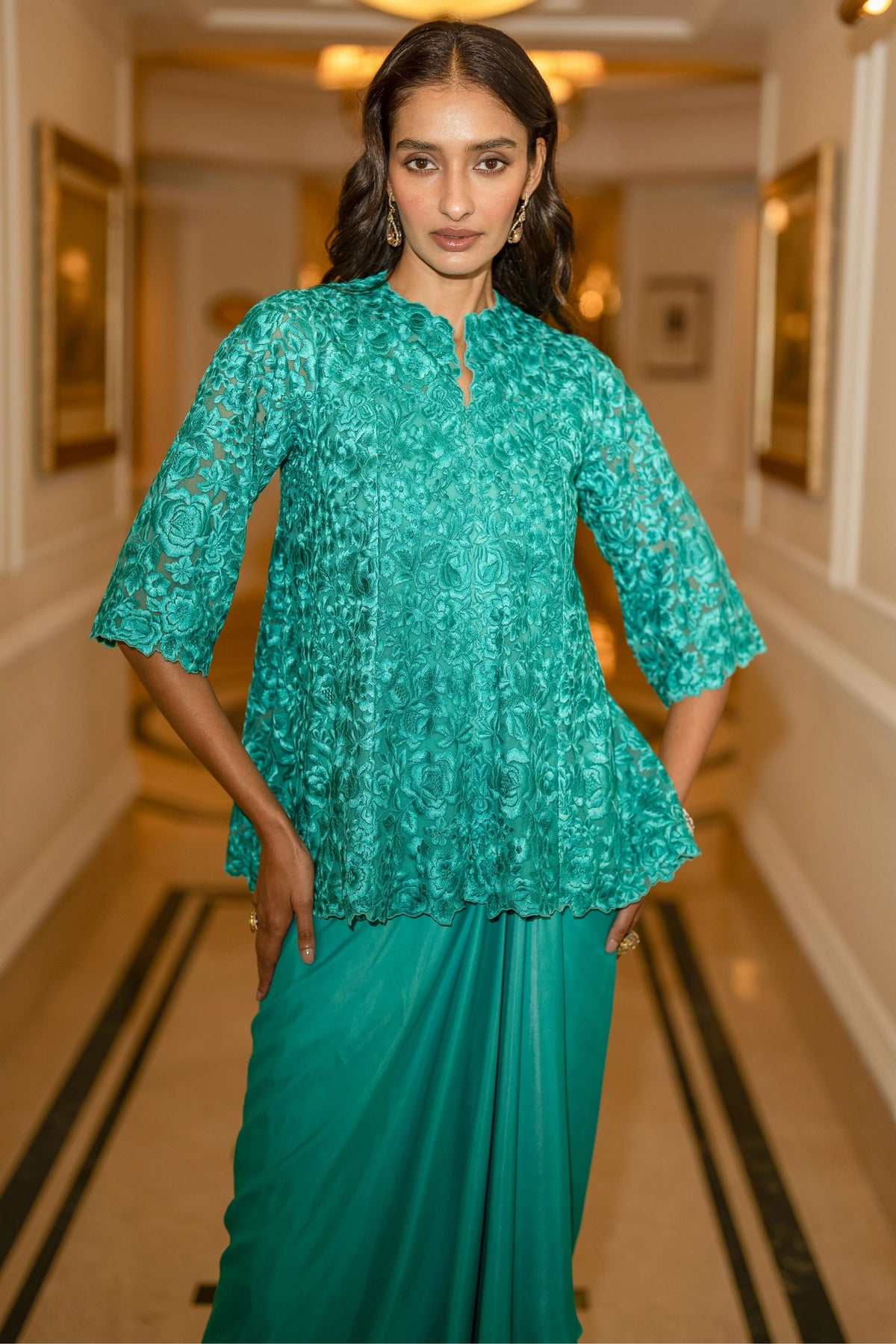 Scalloped Top & Satin Drape Skirt