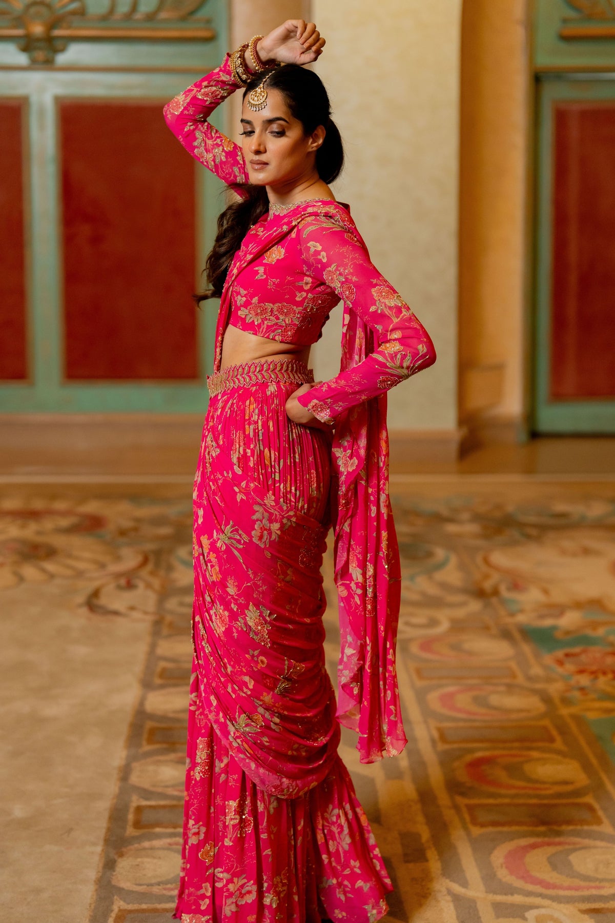 Pink Floral Printed Pre Draped Saree Set