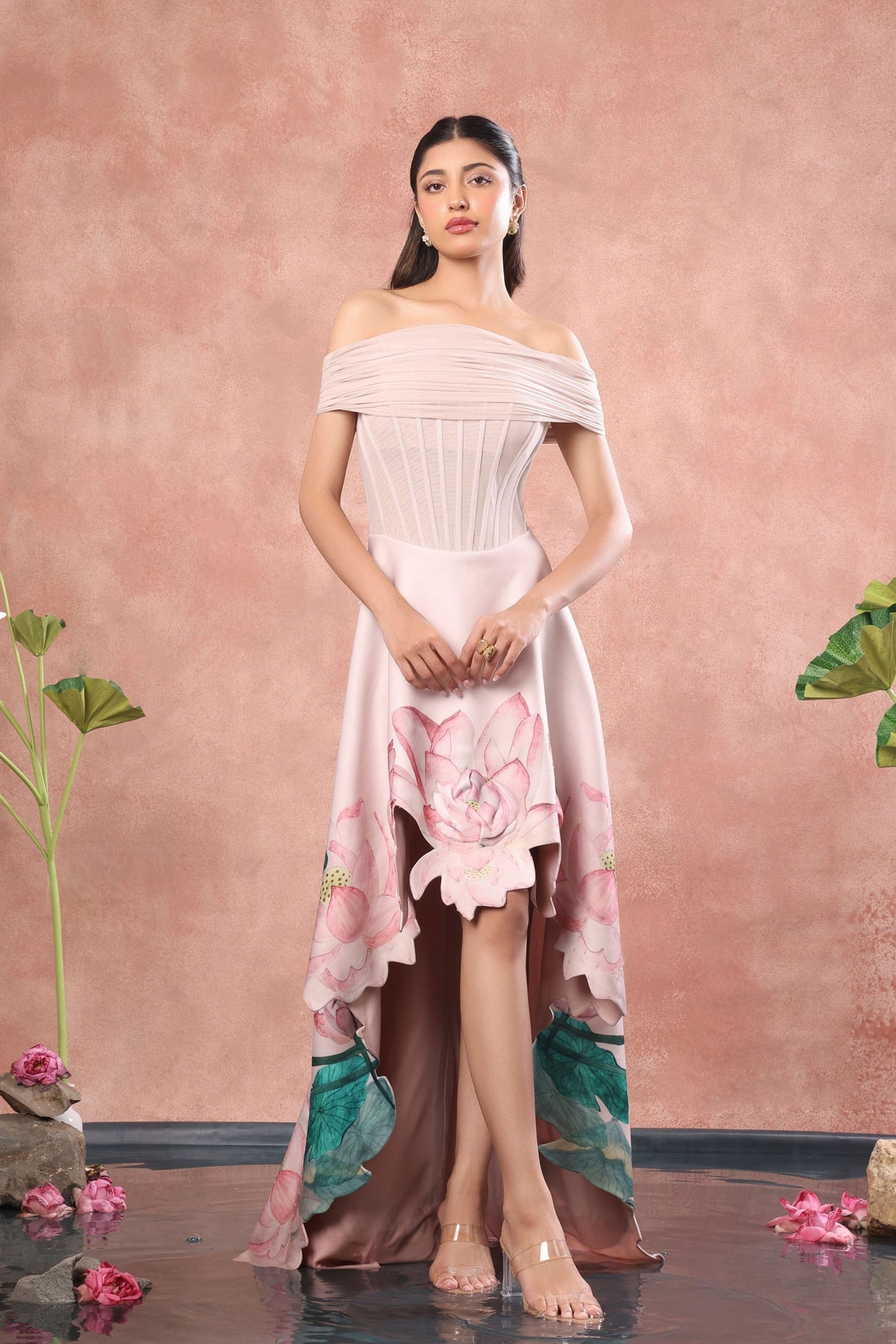 Corset High Low Net Dress Set