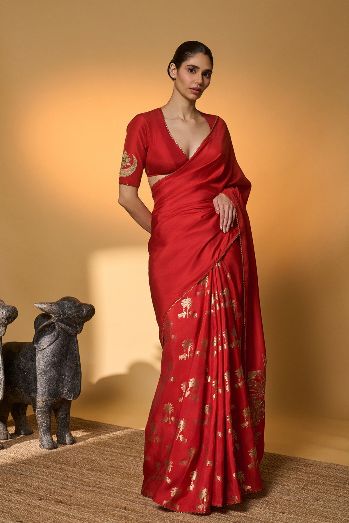 Red Tropical Nandi Saree