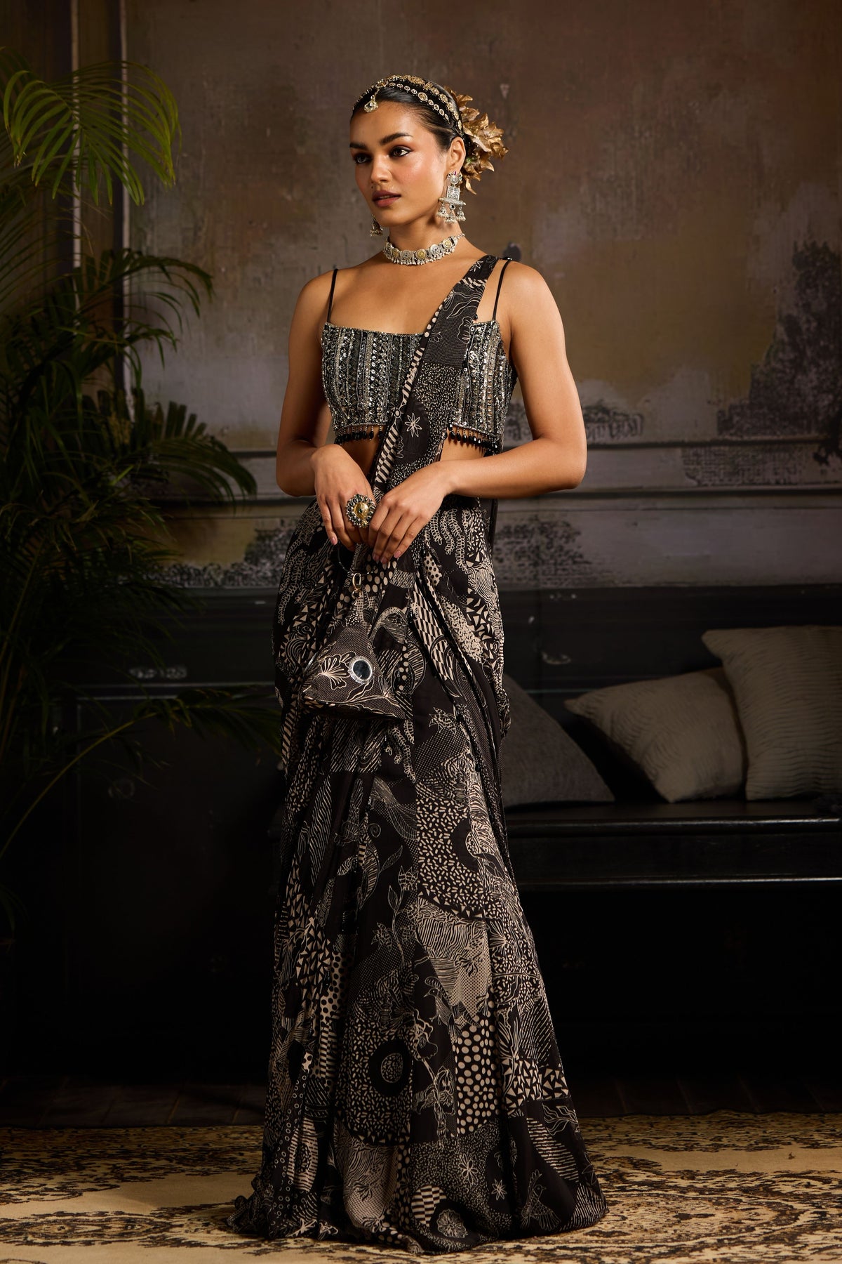 Black Print Mermaid Drape Saree Set