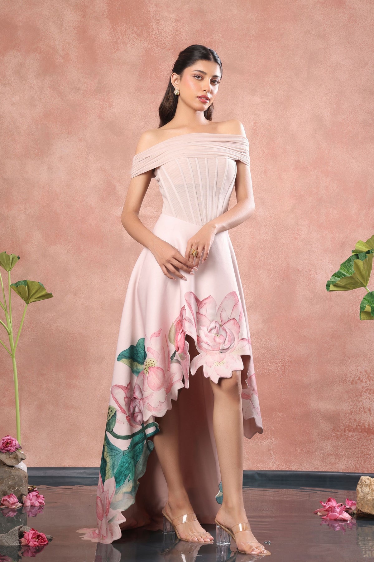 Corset High Low Net Dress Set
