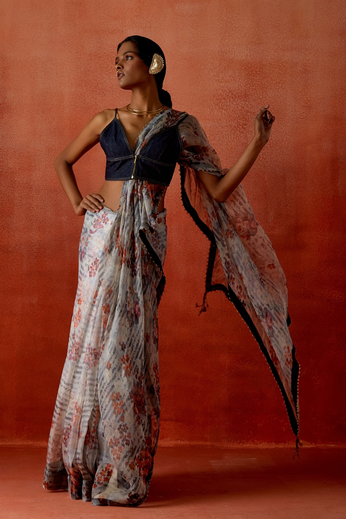 Printed Jacket Sari Set