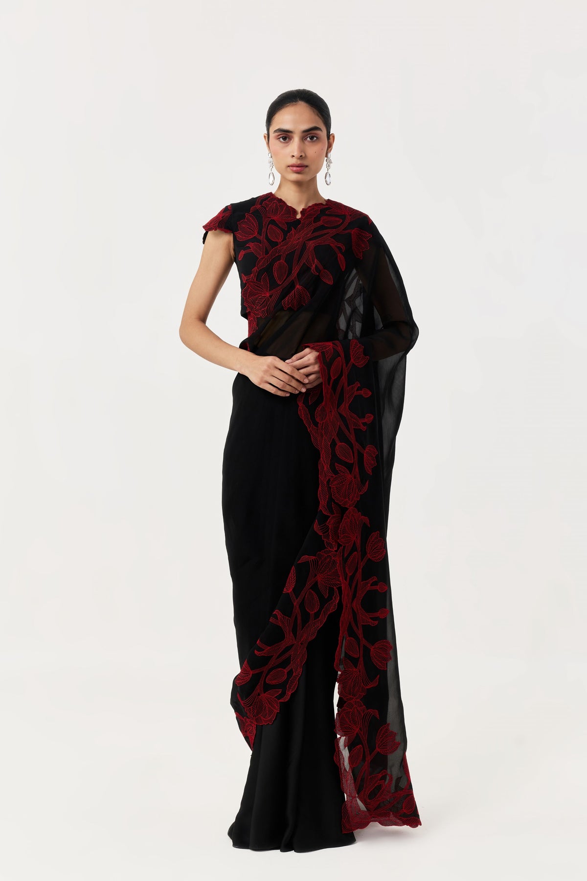 Wild Tulip Pre-Stitched Black Red Saree Set