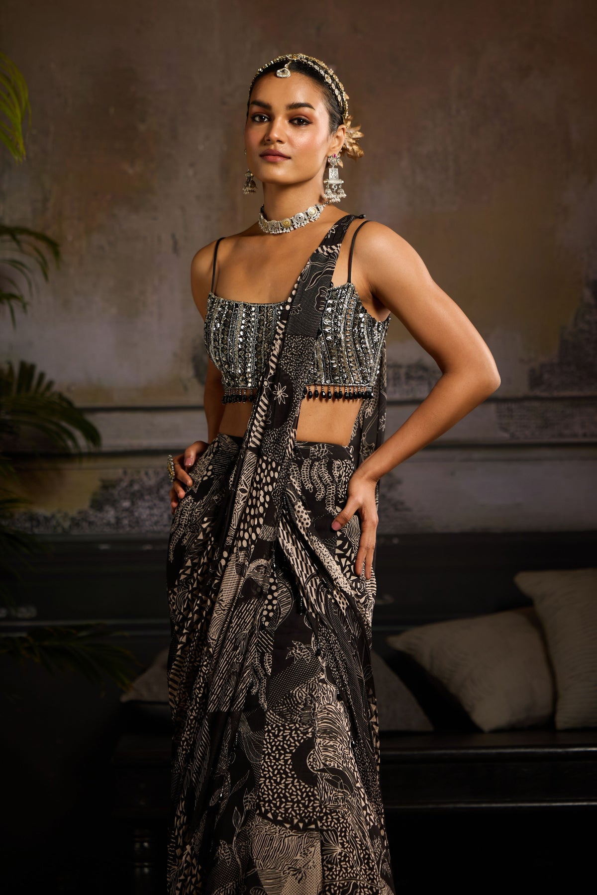Black Print Mermaid Drape Saree Set