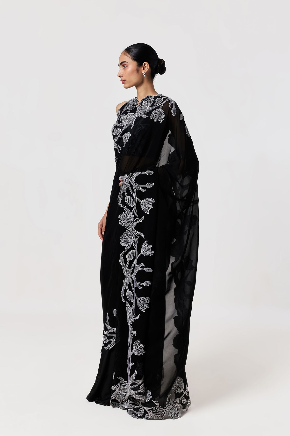 Wild Tulip Black White Pre-Stitched Saree Set