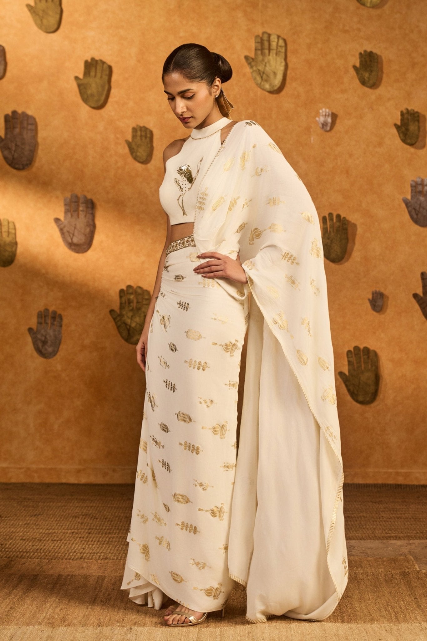 Ivory Soft Draped Saree Set - Masaba - Elahe