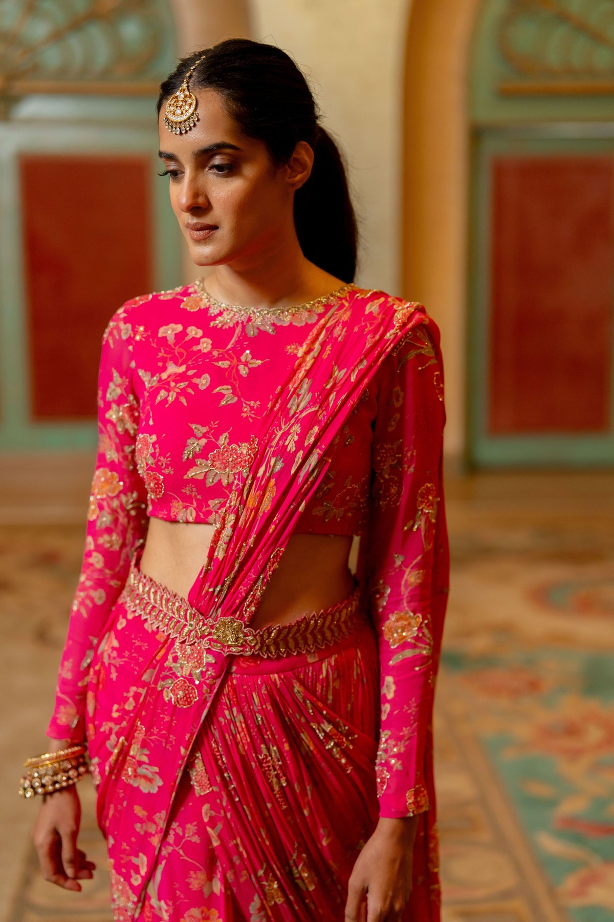Pink Floral Printed Pre Draped Saree Set