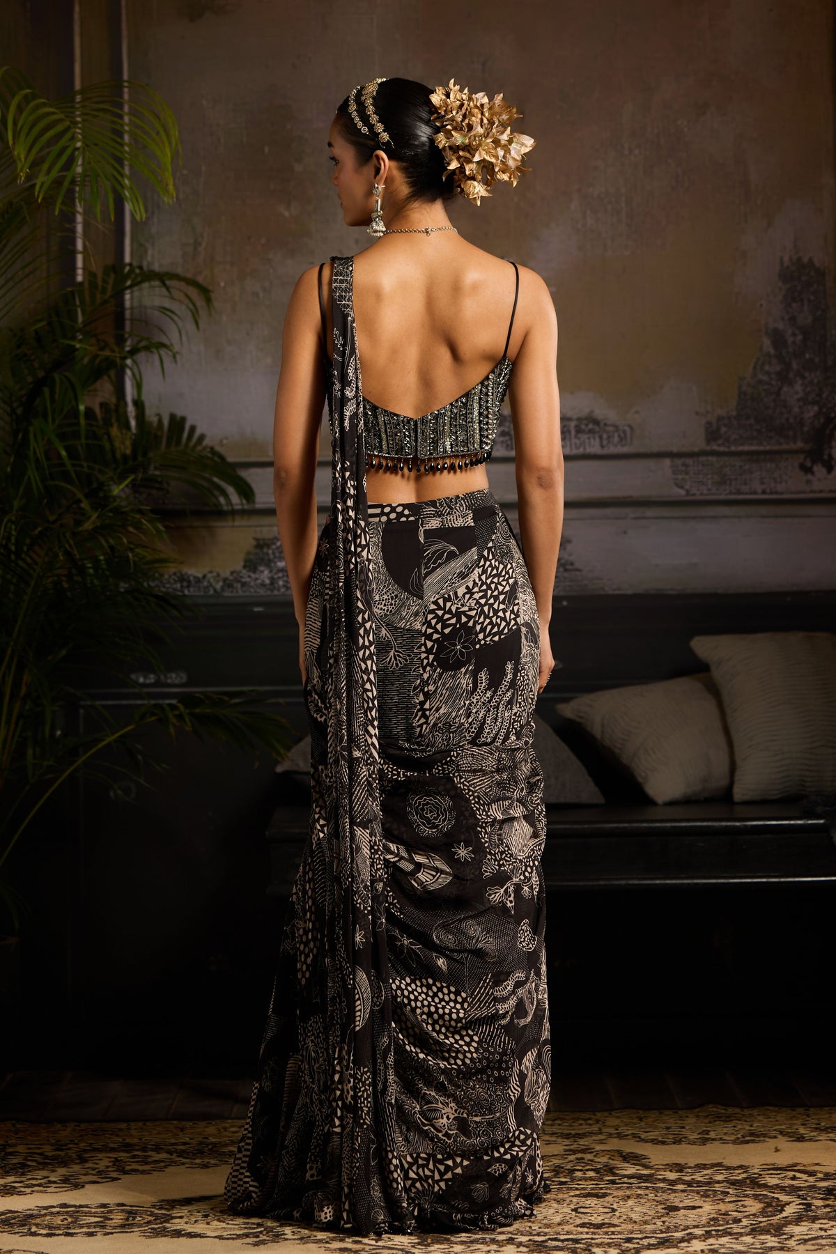 Black Print Mermaid Drape Saree Set