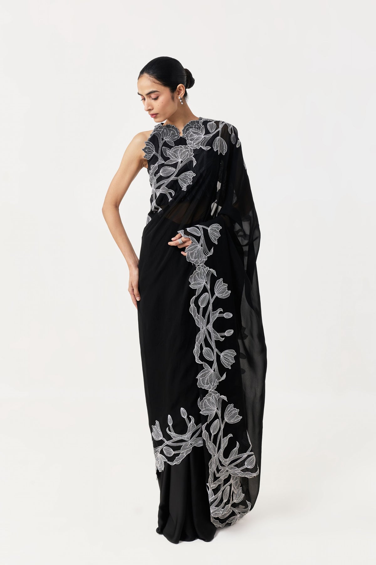 Wild Tulip Black White Pre-Stitched Saree Set