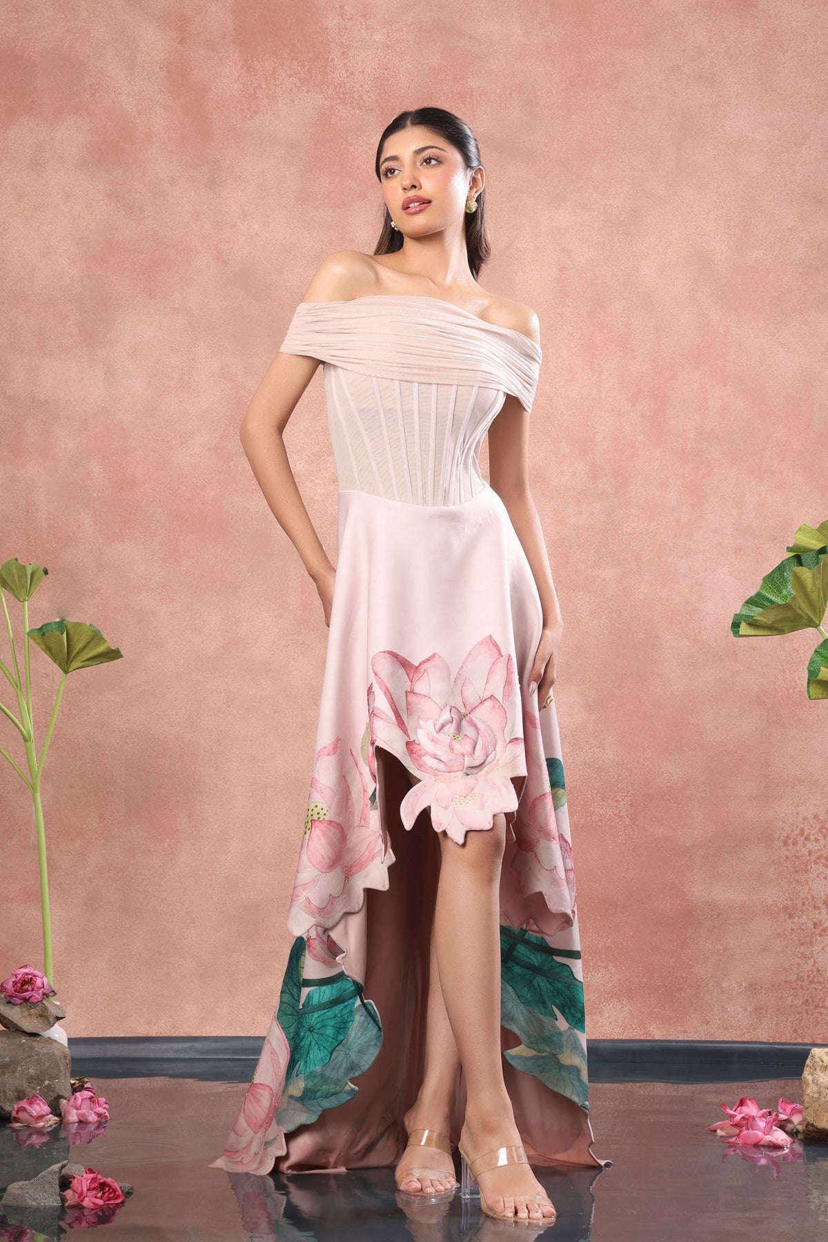 Corset High Low Net Dress Set