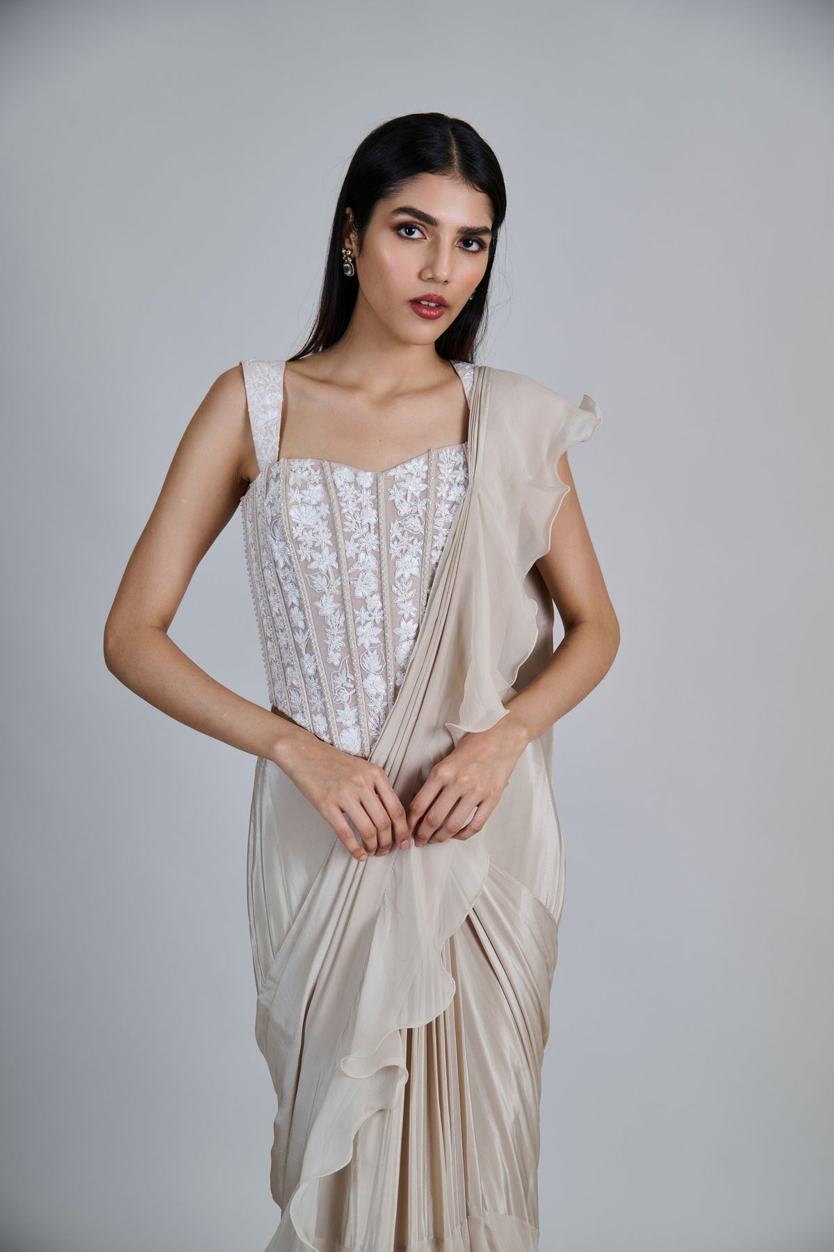 Champagne Draped Saree Set