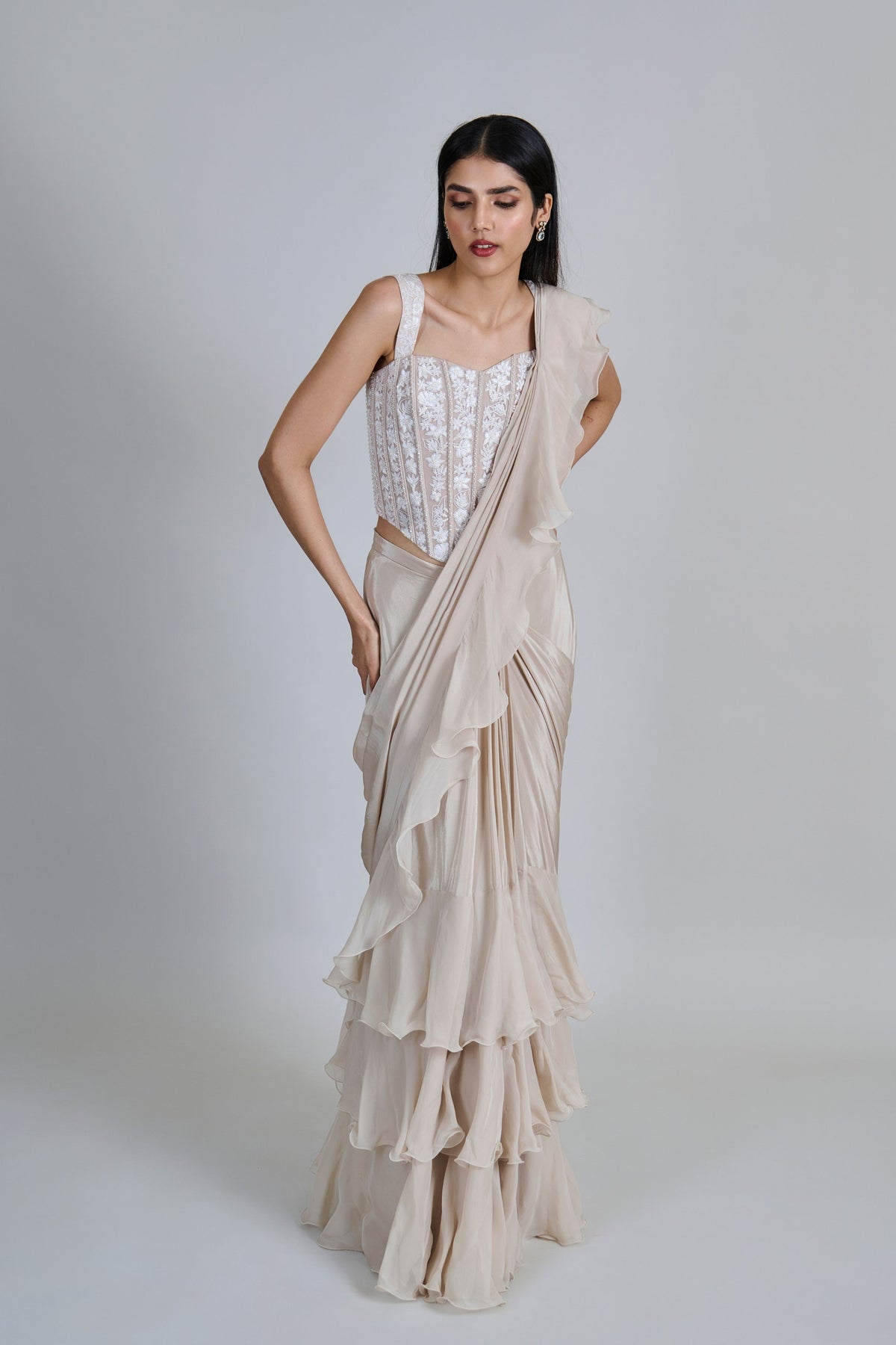 Champagne Draped Saree Set