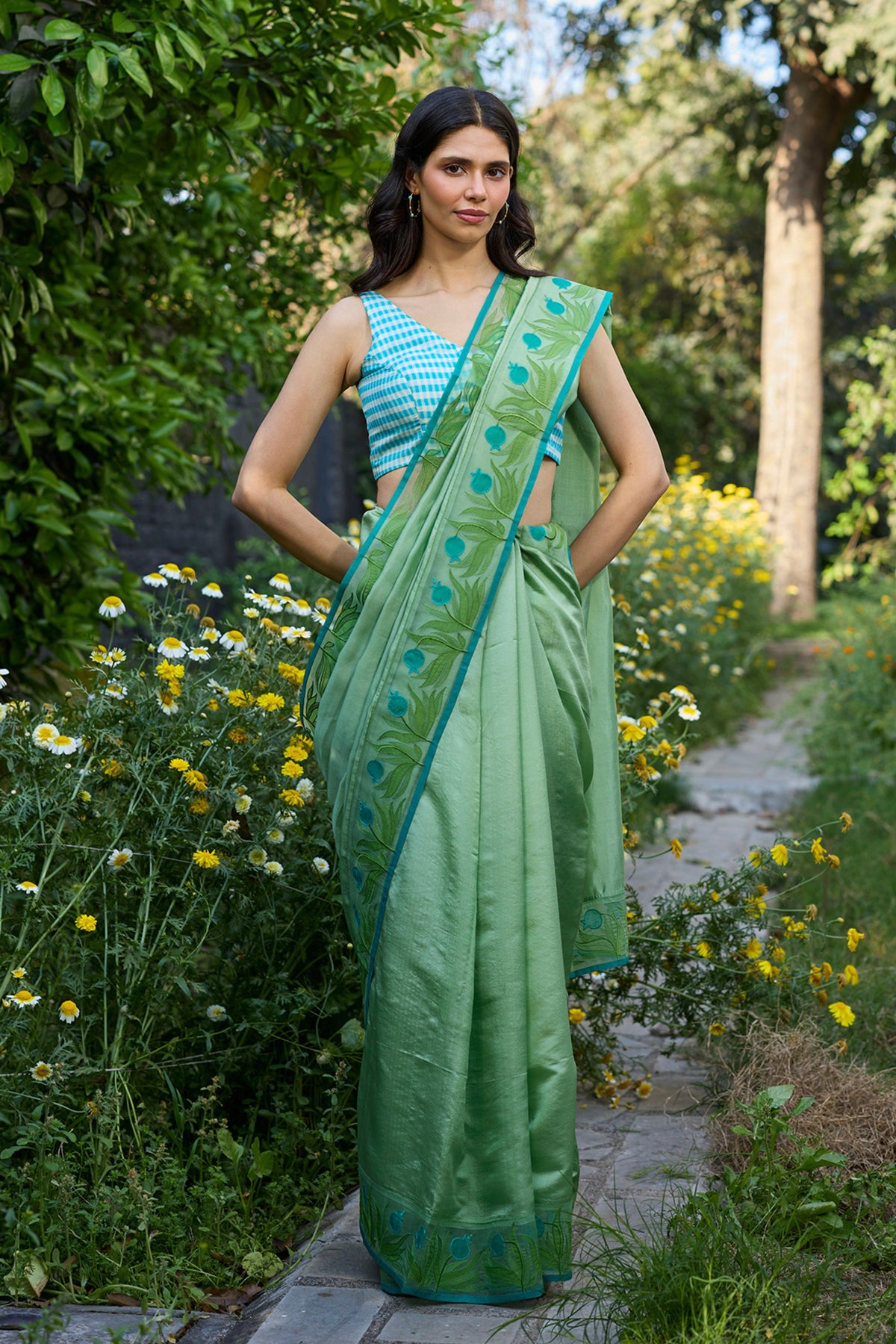 Pomegranate Trail Green Embroidered Saree