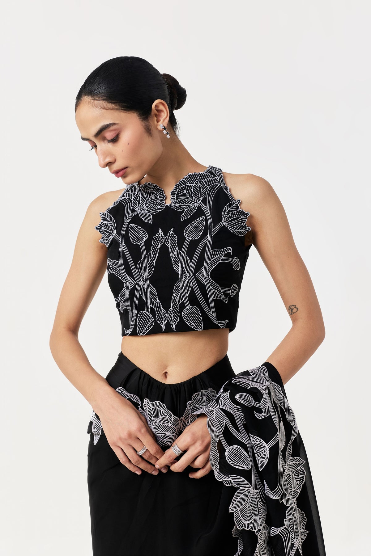 Wild Tulip Black White Pre-Stitched Saree Set